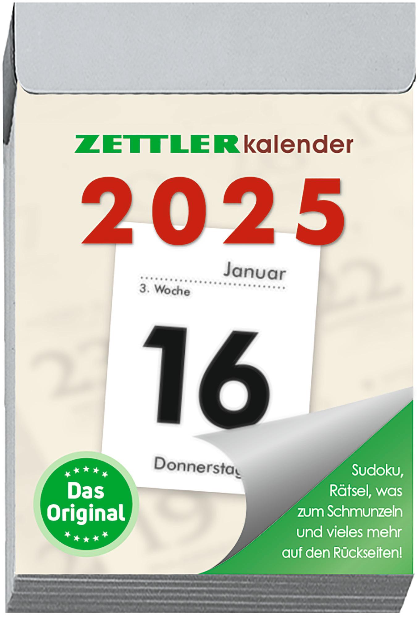 Vorderes Coverbild Tagesabreißkalender S 2025 - 4,1x5,9 cm - 1 Tag auf 1 Seite - mit Sudokus, Rezepten, Rätseln uvm. auf den Rückseiten - Bürokalender 301-0000