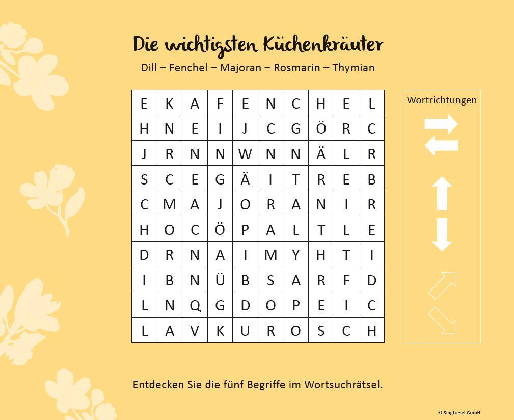 Beispielinhalt (Bild) Wortsuchrätsel für Senioren mit vertrauten Begriffen. Rätselspaß, Beschäftigung und Gedächtnistraining für Senioren. Auch mit Demenz. Großdruck