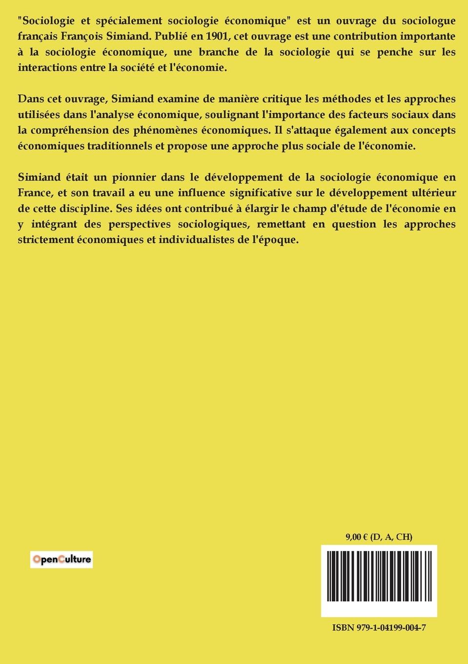 Rückseitencover Sociologie et spécialement sociologie économique