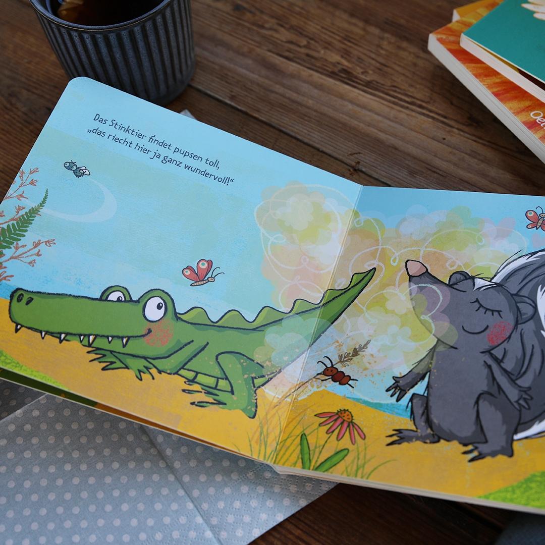 Beispielinhalt (Bild) Das Krokodil pupst viel zu viel