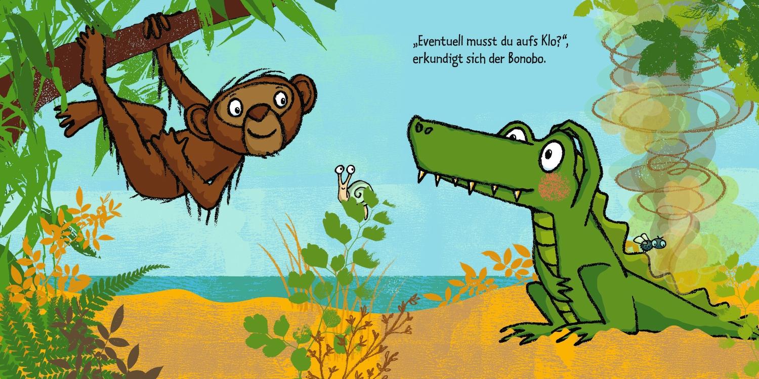 Beispielinhalt (Bild) Das Krokodil pupst viel zu viel