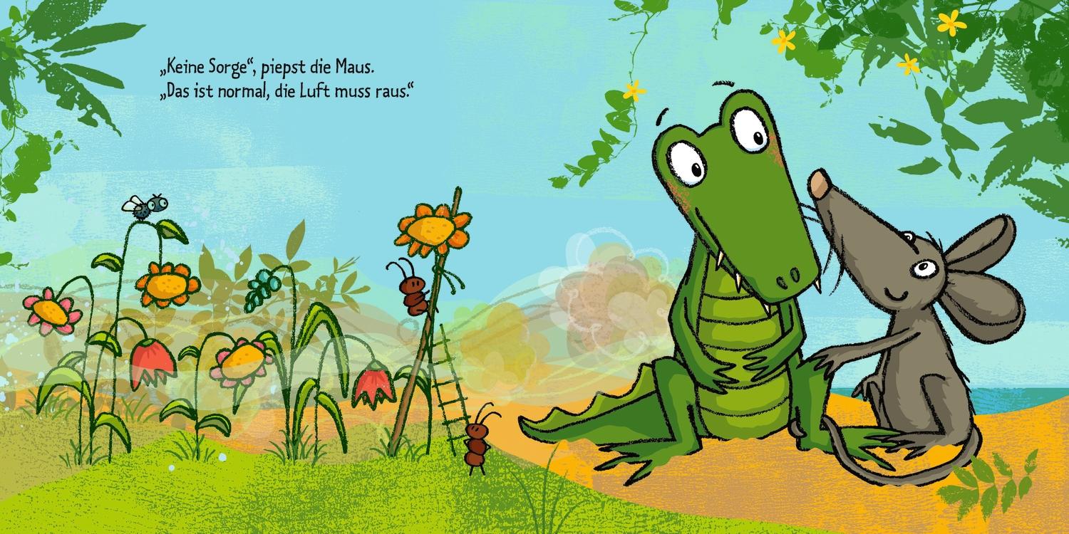 Beispielinhalt (Bild) Das Krokodil pupst viel zu viel