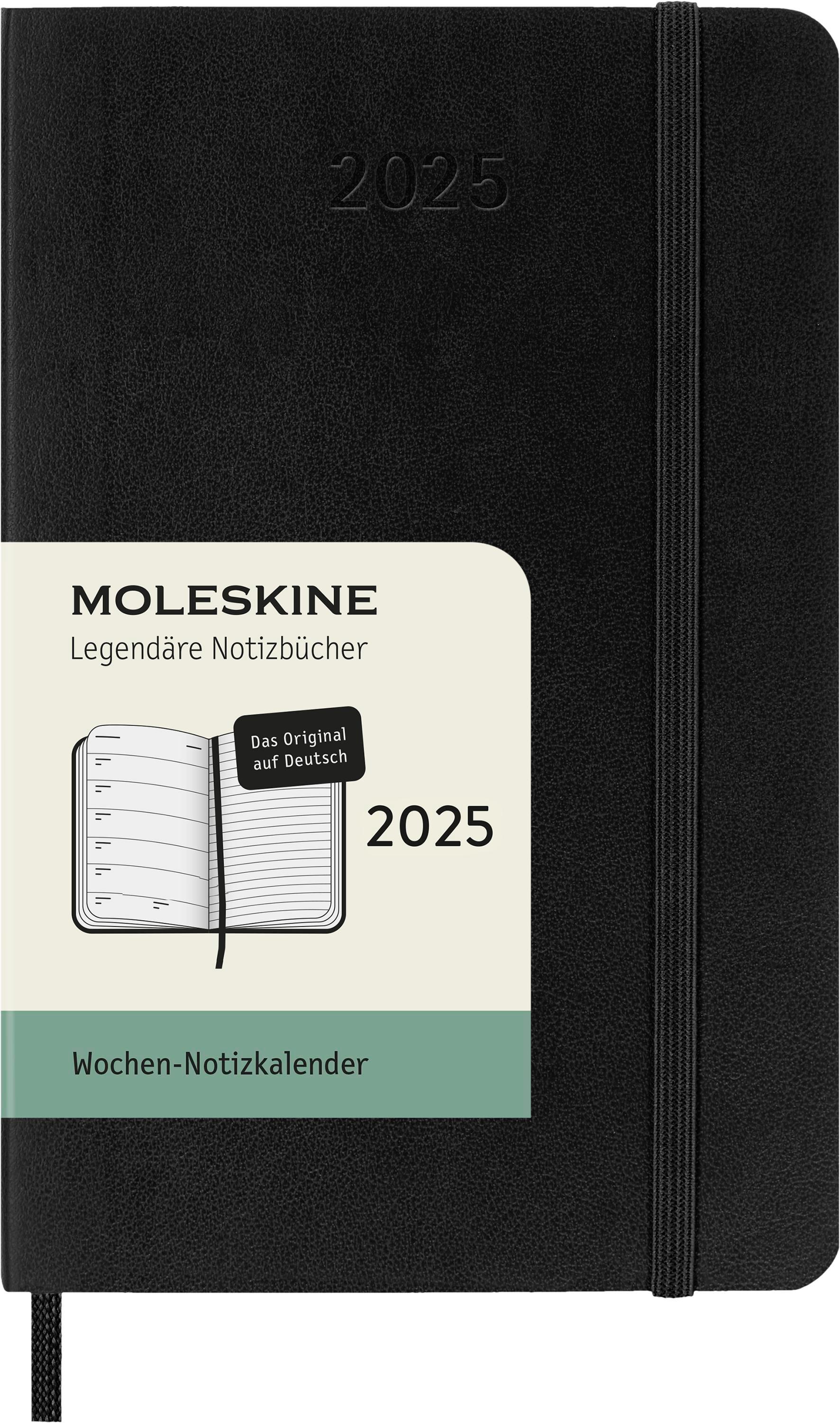 Vorderes Coverbild Moleskine 12 Monate Wochen Notizkalender Deutsch 2025, Pocket/A6, 1 Wo = 1 Seite, rechts linierte Seite, Weicher Einband, Schwarz
