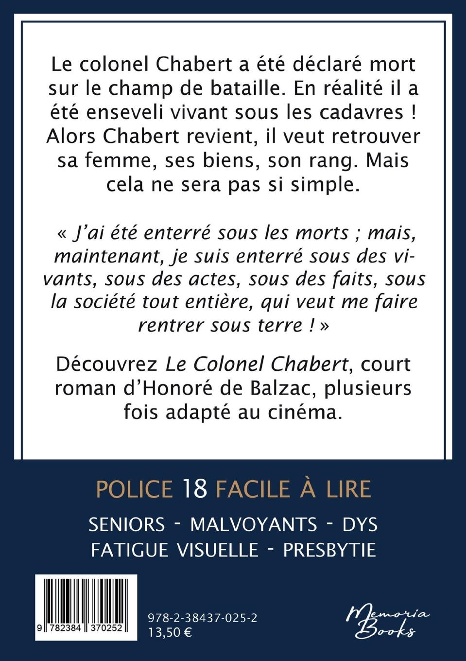 Rückseitencover Le Colonel Chabert en grands caractères