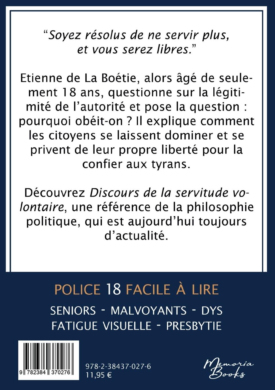 Rückseitencover Discours de la servitude volontaire en grands caractères