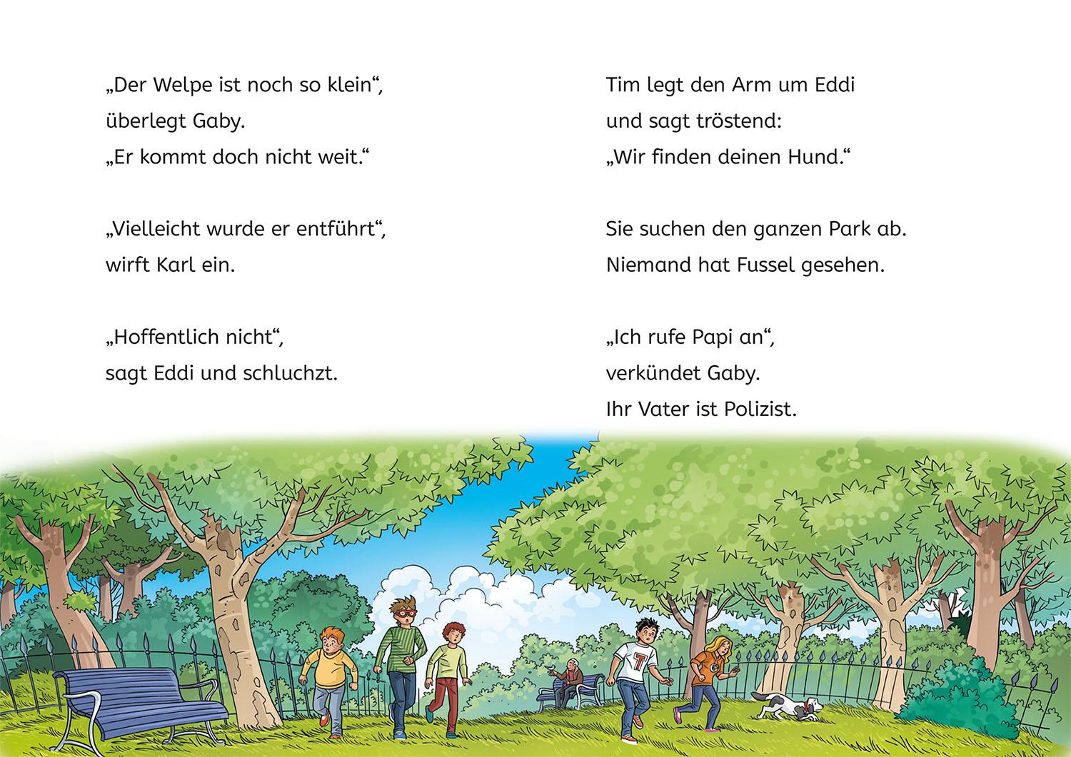 Beispielinhalt (Bild) TKKG Junior, Bücherhelden 1. Klasse, Hilfe für die Welpen