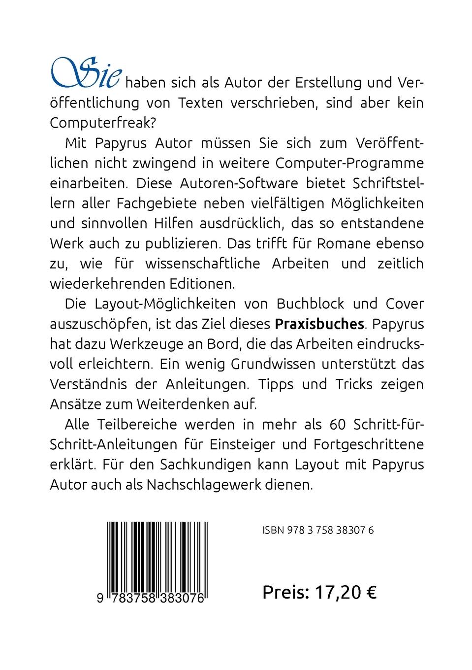 Rückseitencover Layout mit Papyrus Autor