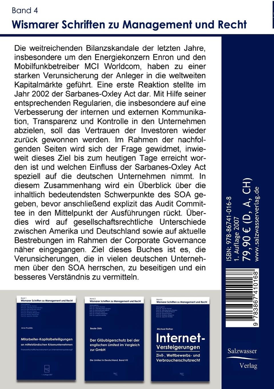 Rückseitencover Die Umsetzung des Sarbanes Oxley Act 2002 in Deutschland