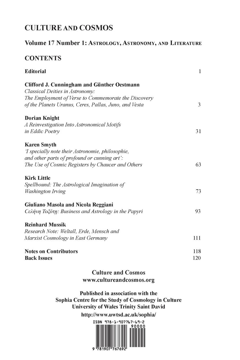 Rückseitencover Culture and Cosmos Vol 17 Number 1