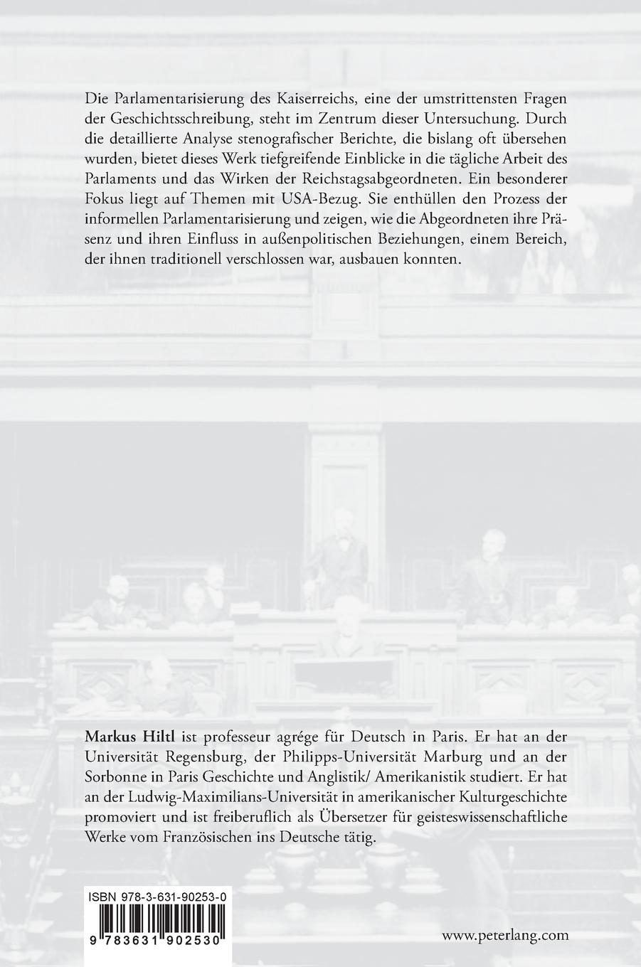 Rückseitencover Der Reichstag und die Vereinigten Staaten in der Wilhelminischen Epoche (1895-1914)