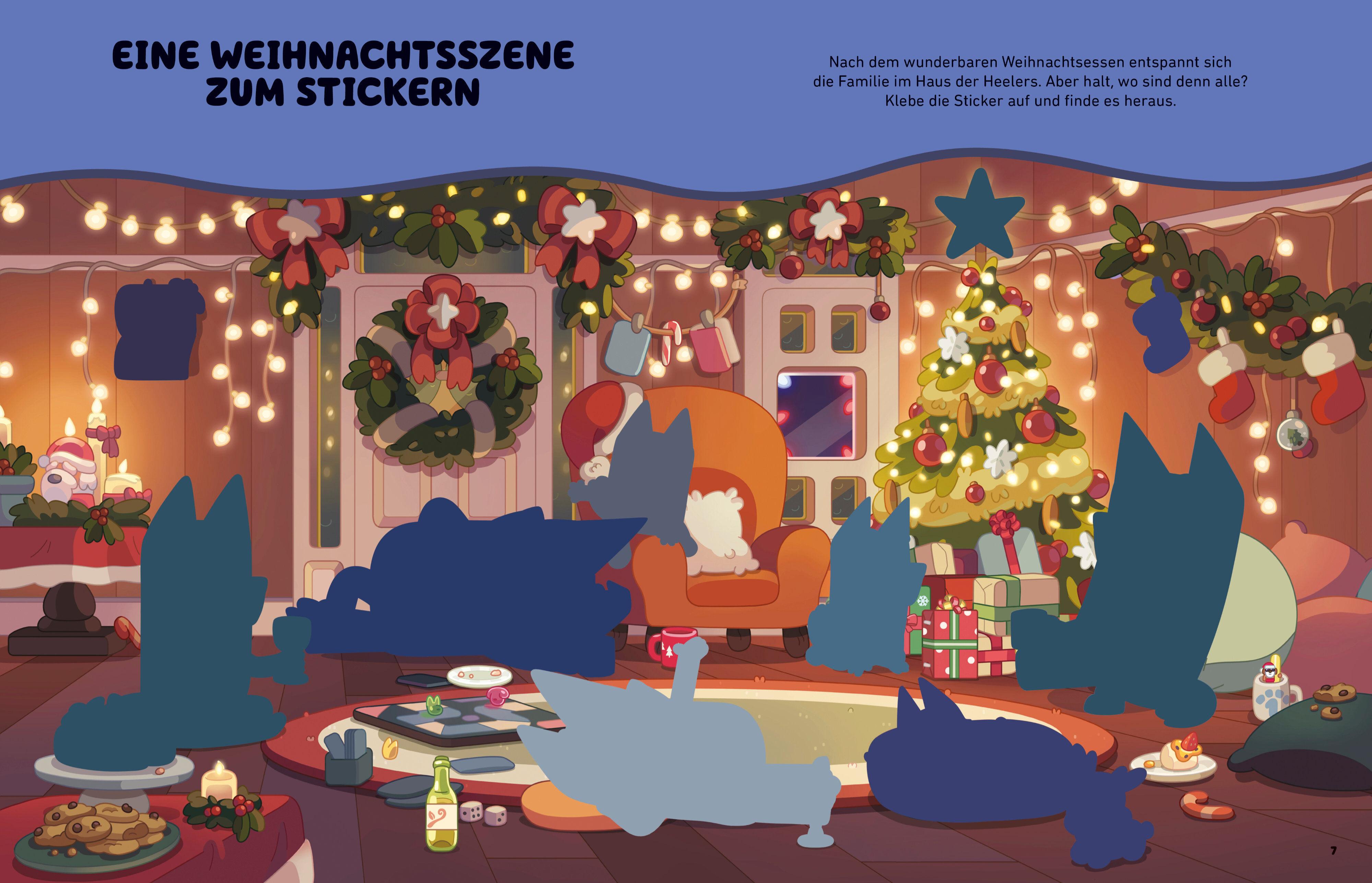 Beispielinhalt (Bild) BLUEY - Hurra, es ist Weihnachten! - Rätsel- und Stickerbuch