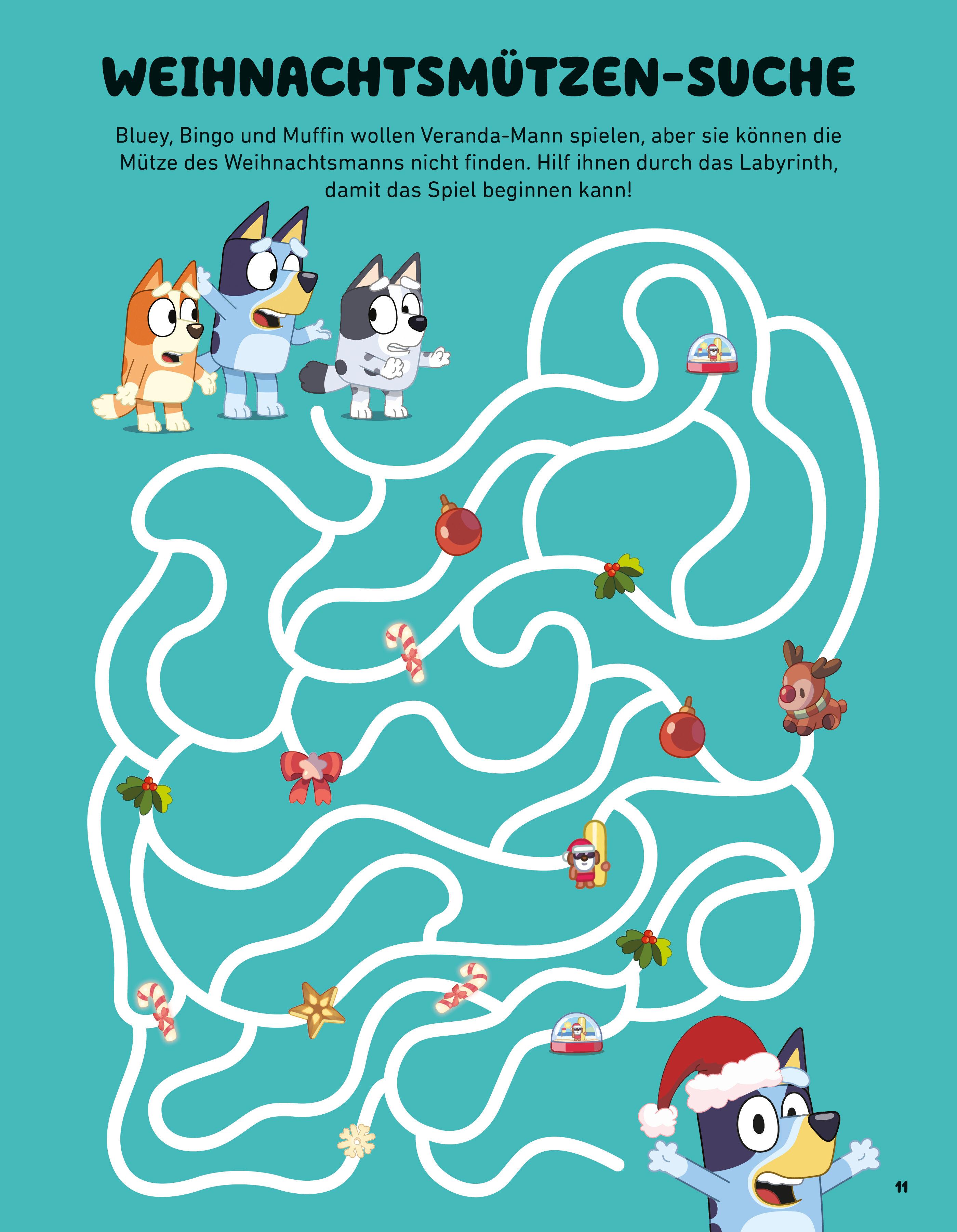 Beispielinhalt (Bild) BLUEY - Hurra, es ist Weihnachten! - Rätsel- und Stickerbuch