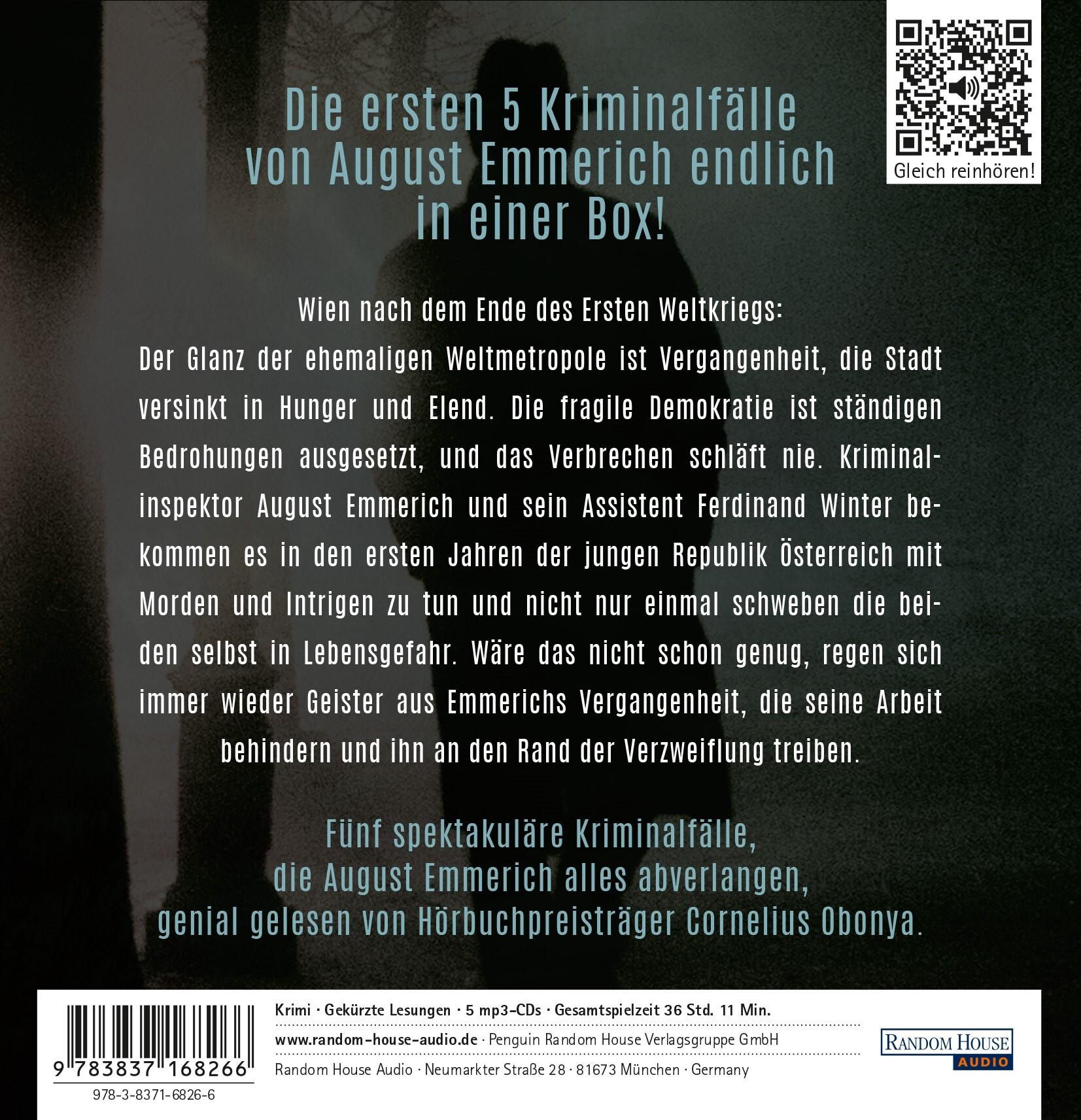 Beispielinhalt (Bild) Die große August Emmerich Box - Der zweite Reiter - Die rote Frau - Der dunkle Bote - Das schwarze Band - Der letzte Tod