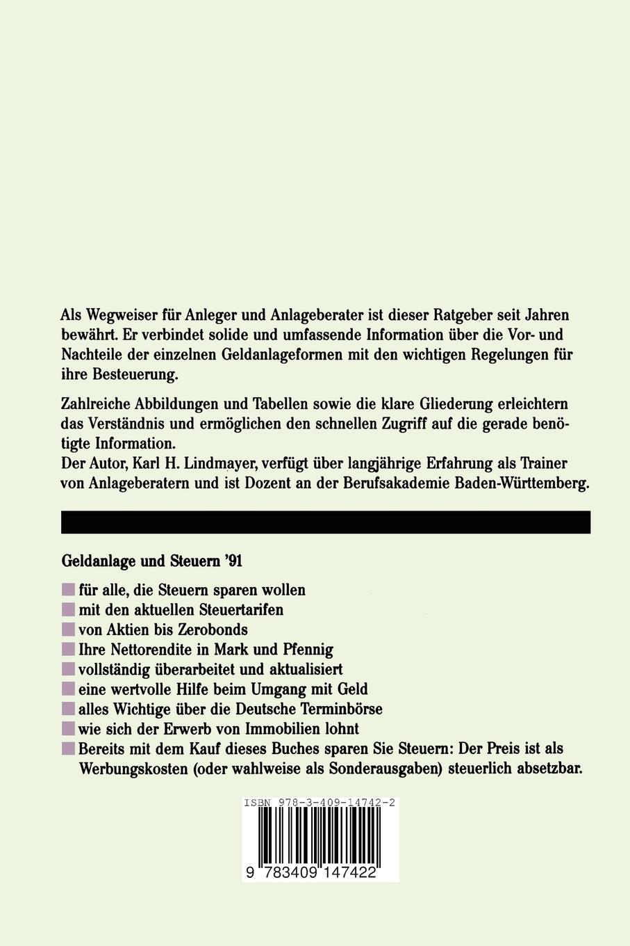 Rückseitencover Geldanlage und Steuern '91