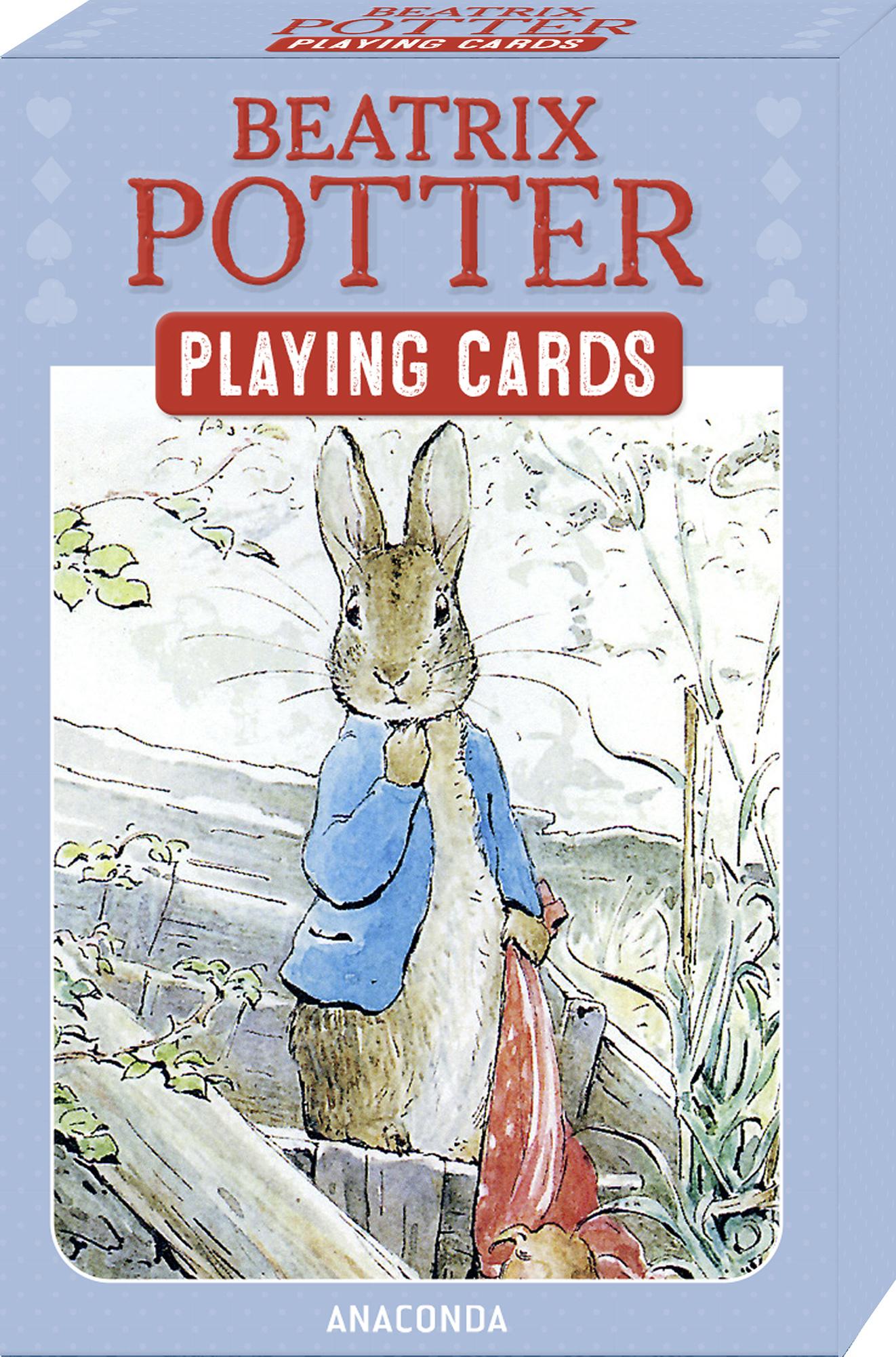 Vorderes Coverbild Kartenspiel Beatrix Potter. 54 Spielkarten mit 53 Motiven von Peter Hase und seinen Freunden