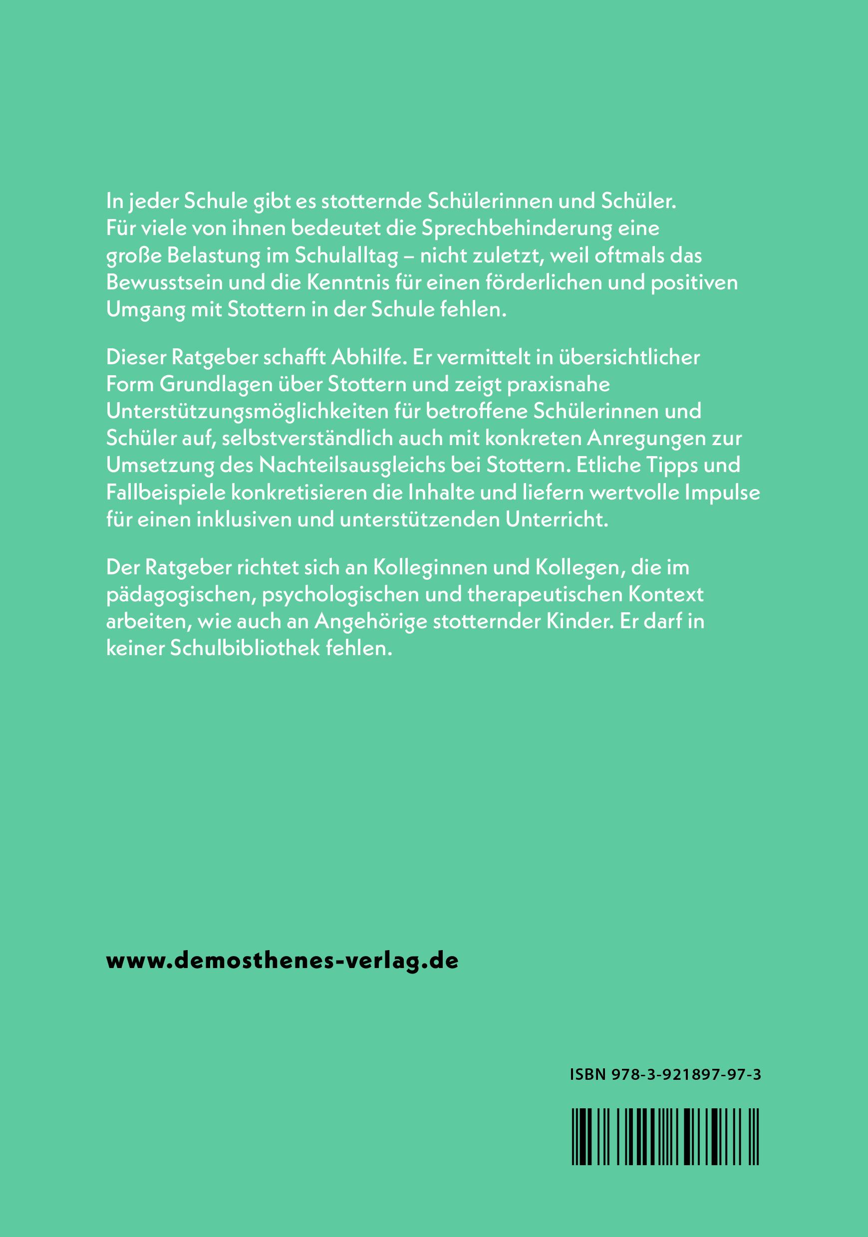 Rückseitencover Stottern, Schule und Inklusion