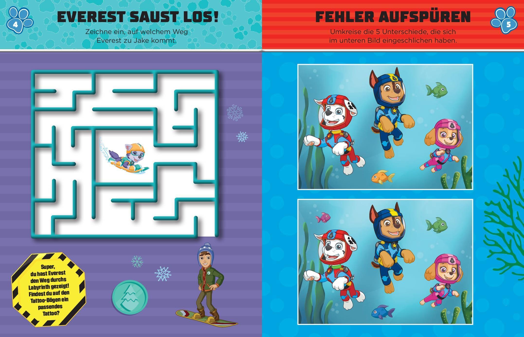Beispielinhalt (Bild) PAW Patrol Mein Rätselbuch mit 40 Tattoos