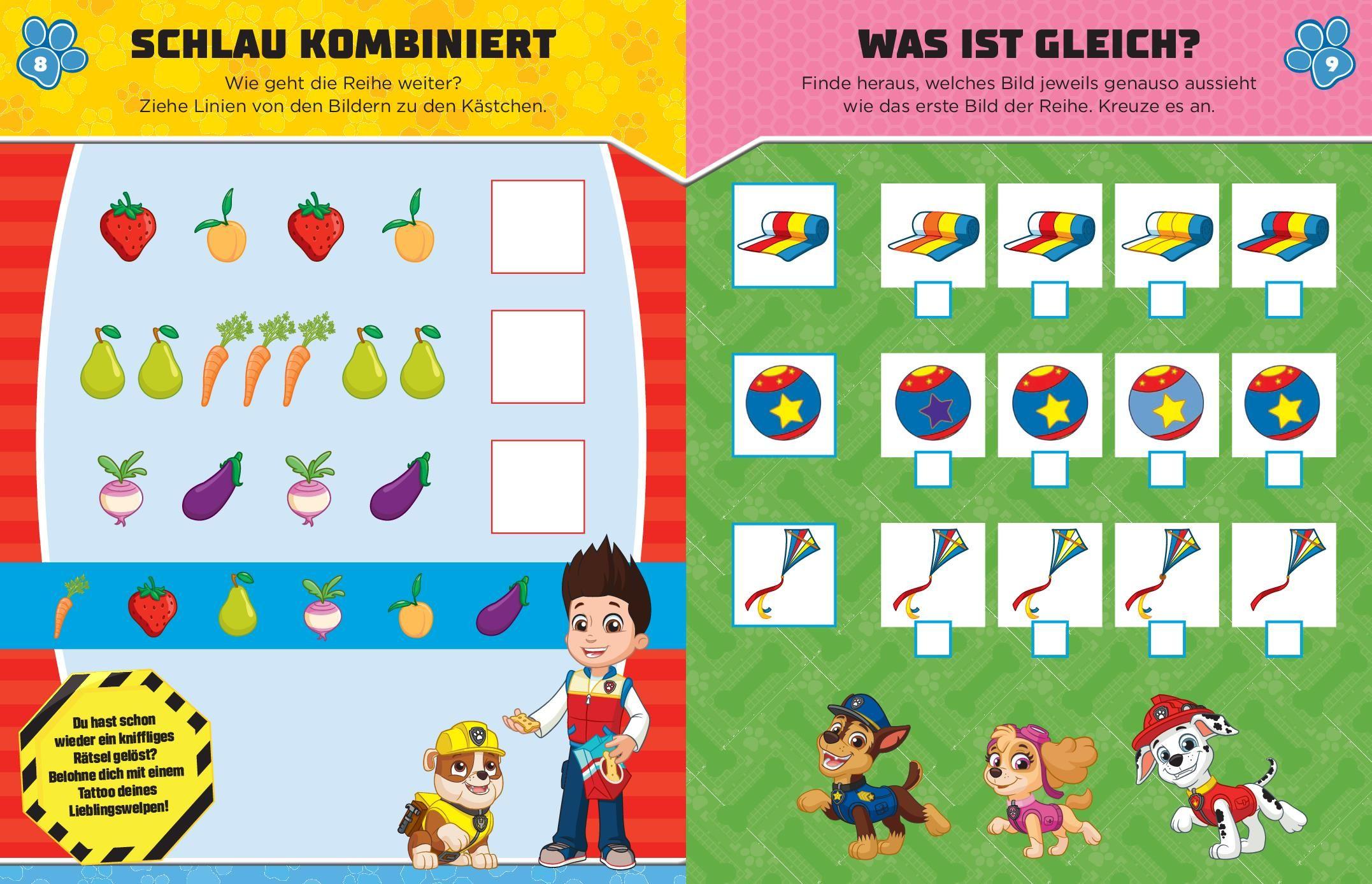 Beispielinhalt (Bild) PAW Patrol Mein Rätselbuch mit 40 Tattoos