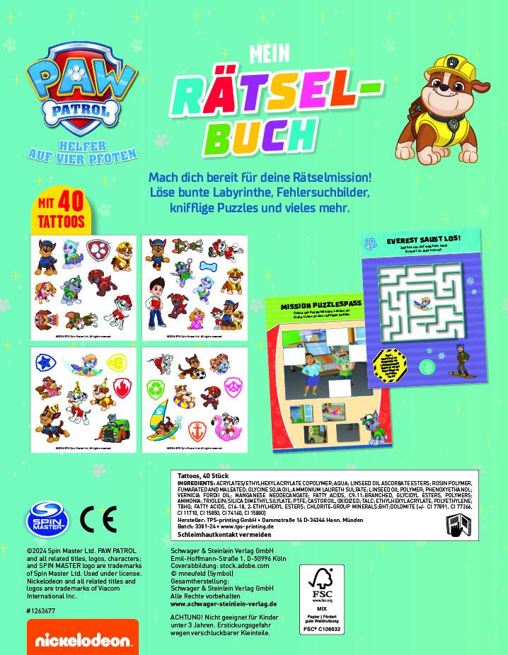 Rückseitencover PAW Patrol Mein Rätselbuch mit 40 Tattoos