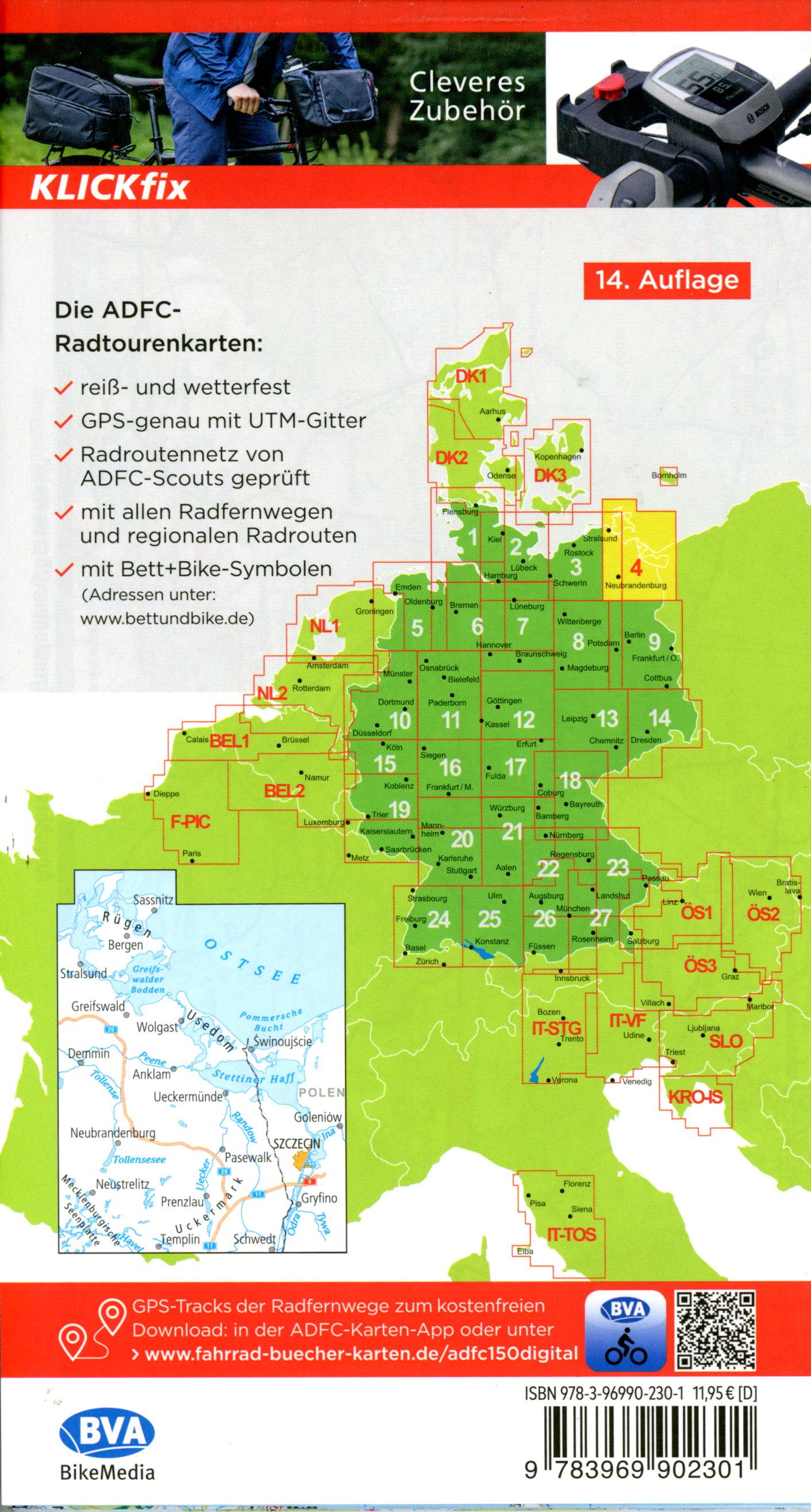 Beispielinhalt (Bild) ADFC-Radtourenkarte 4 Rügen/Usedom Vorpommern 1:150.000, reiß- und wetterfest, E-Bike geeignet, GPS-Tracks Download, mit Kilometer-Angaben