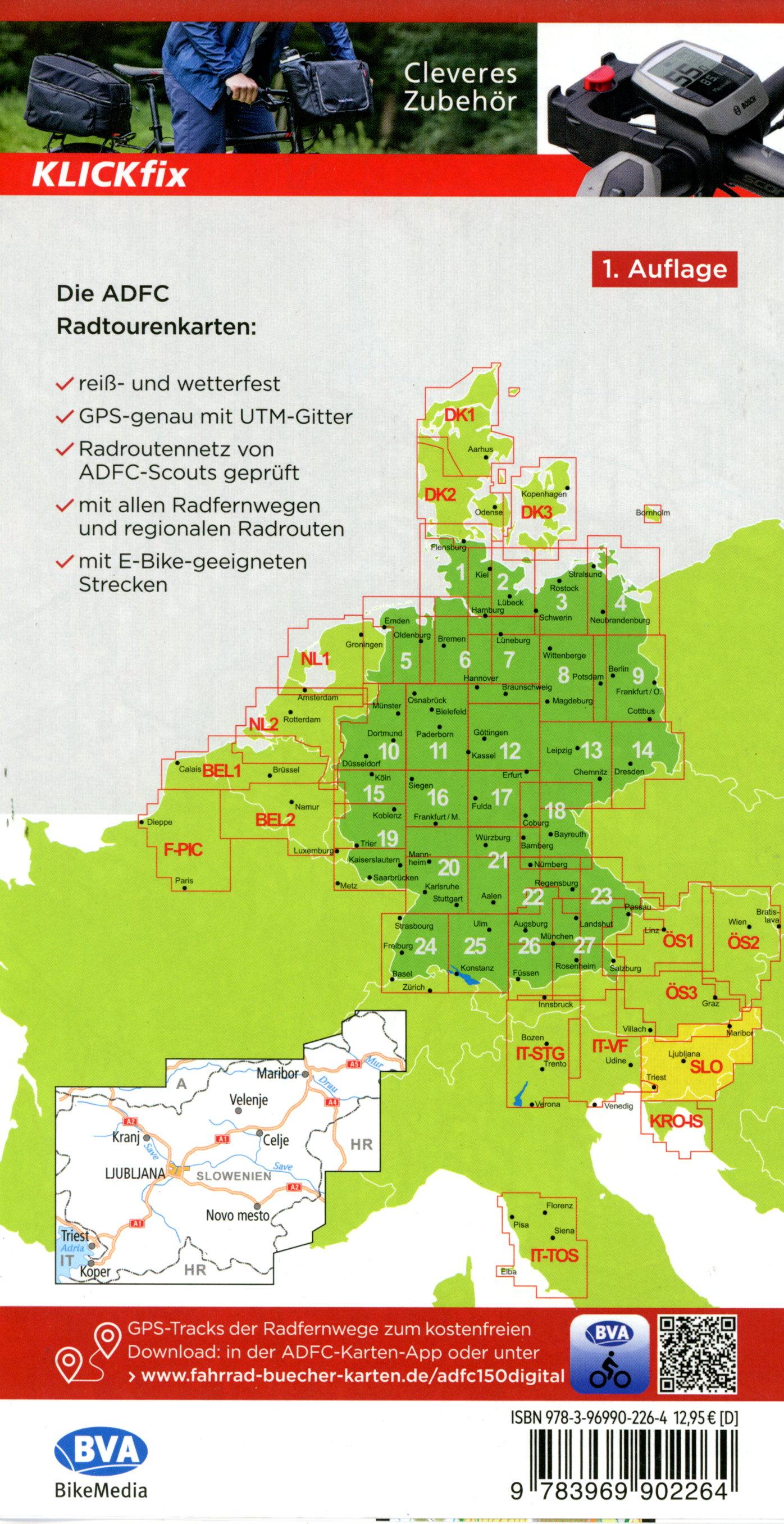 Beispielinhalt (Bild) ADFC-Radtourenkarte SLO Slowenien 1:150.000, reiß- und wetterfest, E-Bike geeignet, GPS-Tracks Download, mit Kilometer-Angaben