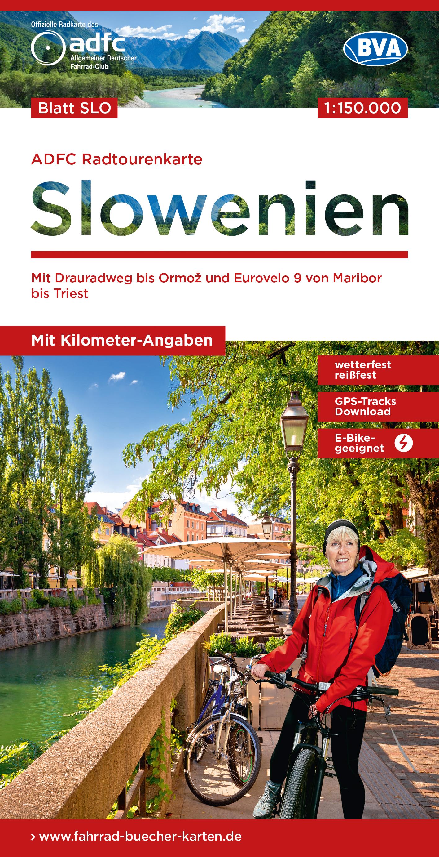 Vorderes Coverbild ADFC-Radtourenkarte SLO Slowenien 1:150.000, reiß- und wetterfest, E-Bike geeignet, GPS-Tracks Download, mit Kilometer-Angaben