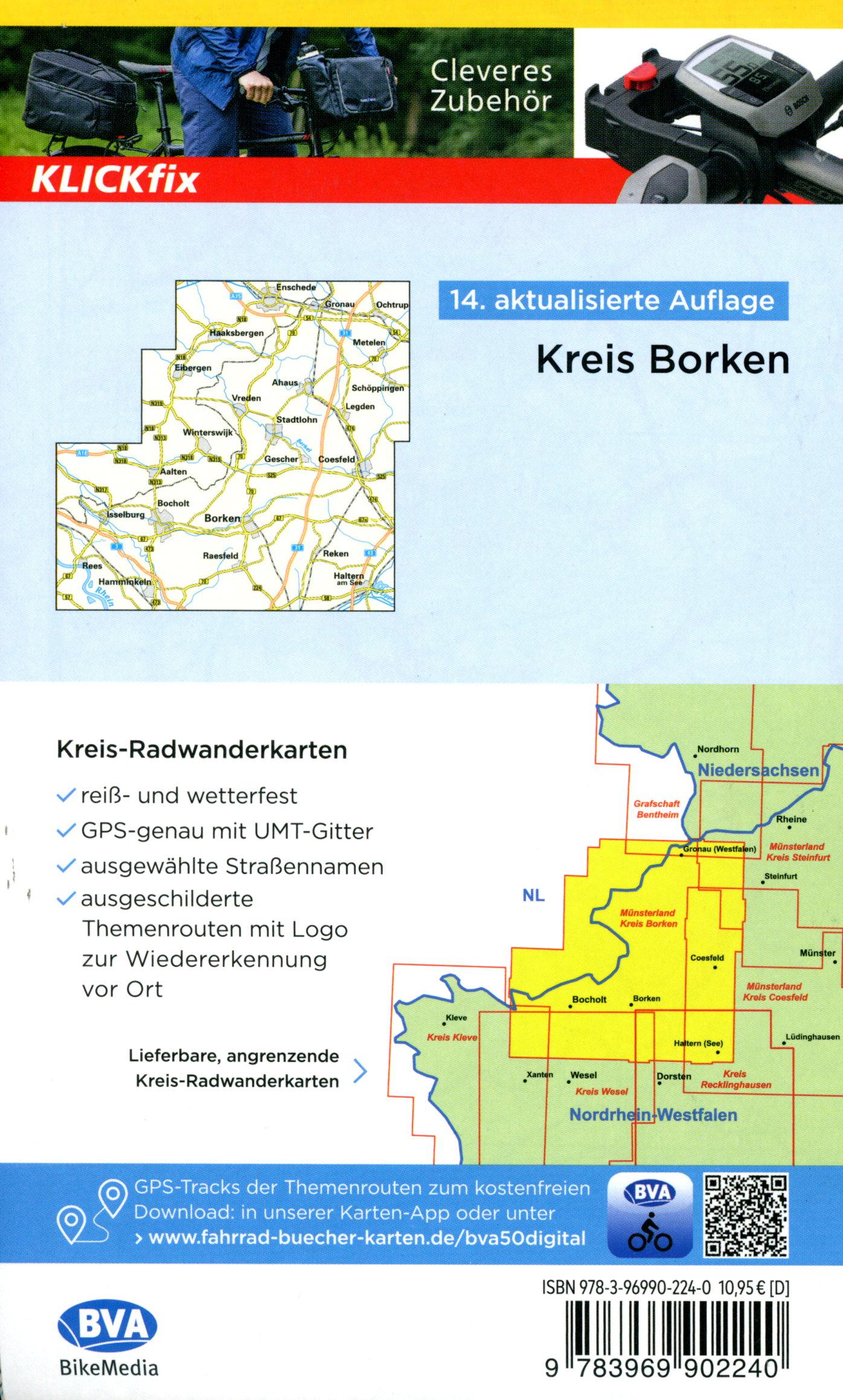Beispielinhalt (Bild) Radwanderkarte BVA Kreis Borken mit Knotenpunkten und km-Angaben, 1:50.000, reiß- und wetterfest, GPS-Tracks Download, E-Bike-geeignet