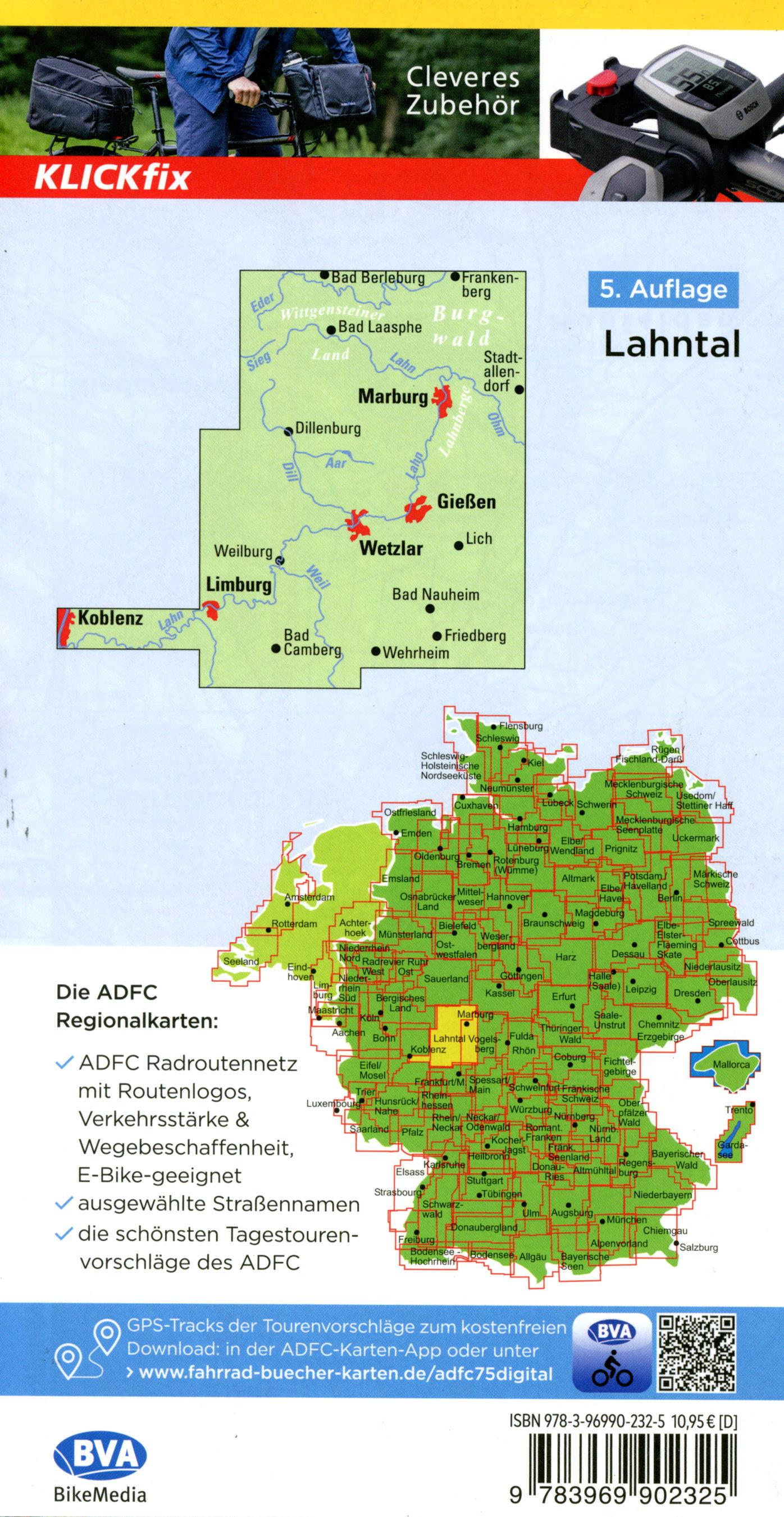 Beispielinhalt (Bild) ADFC-Regionalkarte Lahntal, 1:75.000, mit Tagestourenvorschlägen, reiß- und wetterfest, E-Bike-geeignet, mit Knotenpunkten, GPS-Tracks Download