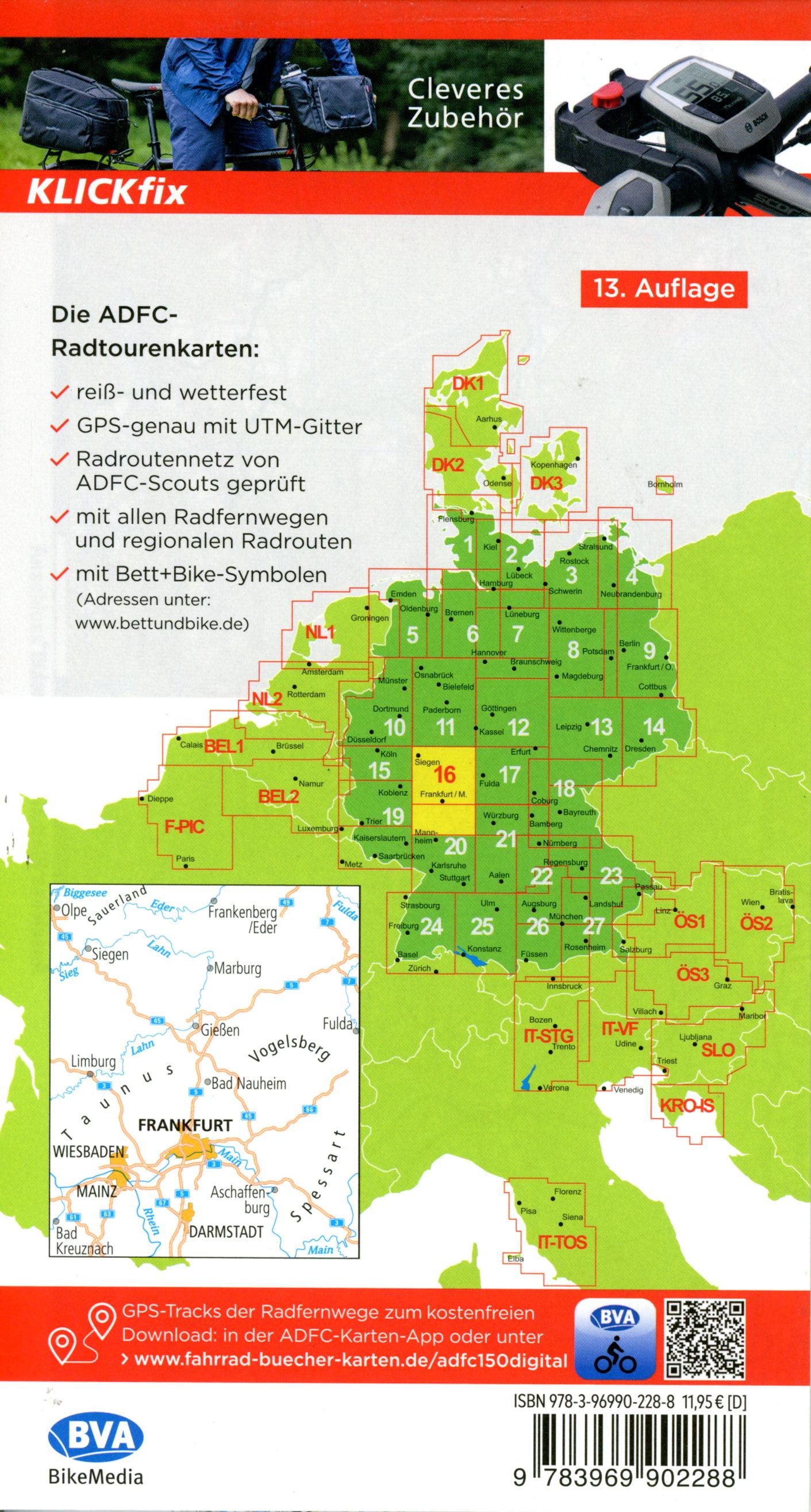 Beispielinhalt (Bild) ADFC-Radtourenkarte 16 Rhein/Main Nordhessen 1:150.000, reiß- und wetterfest, E-Bike geeignet, GPS-Tracks Download, mit Kilometer-Angaben