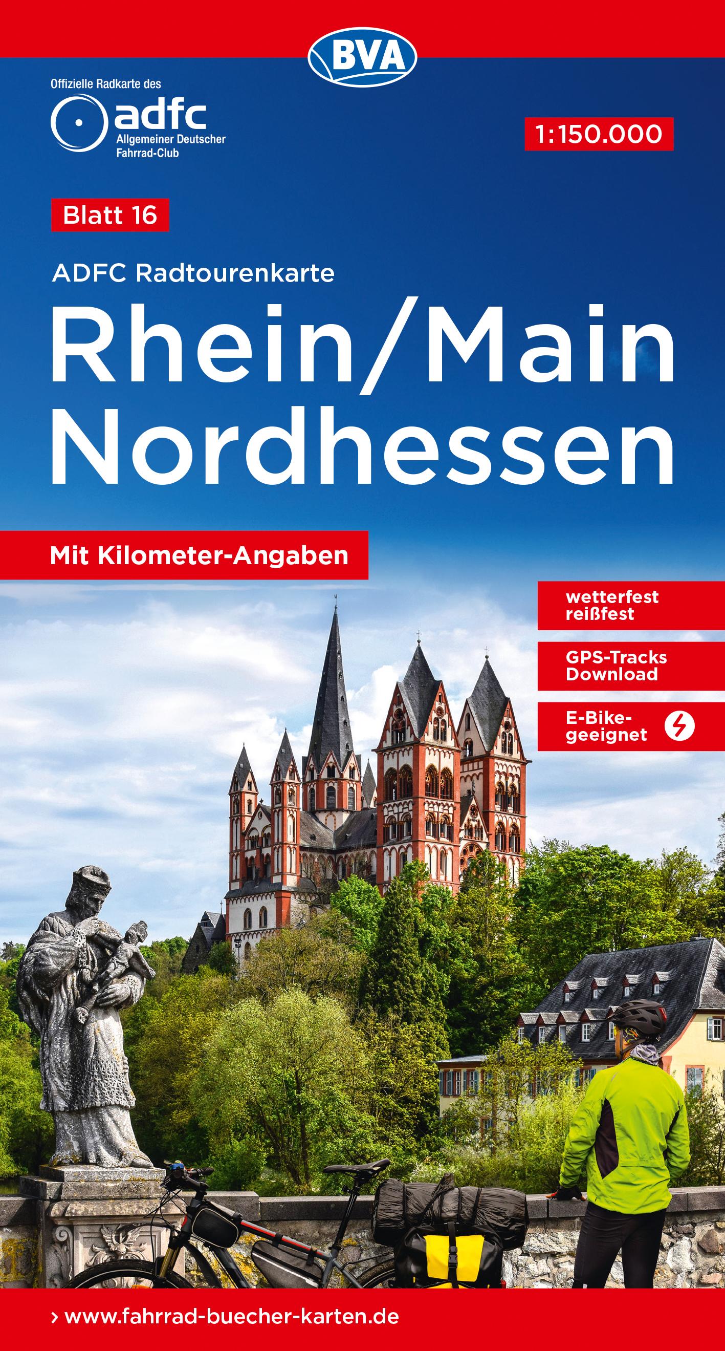Vorderes Coverbild ADFC-Radtourenkarte 16 Rhein/Main Nordhessen 1:150.000, reiß- und wetterfest, E-Bike geeignet, GPS-Tracks Download, mit Kilometer-Angaben