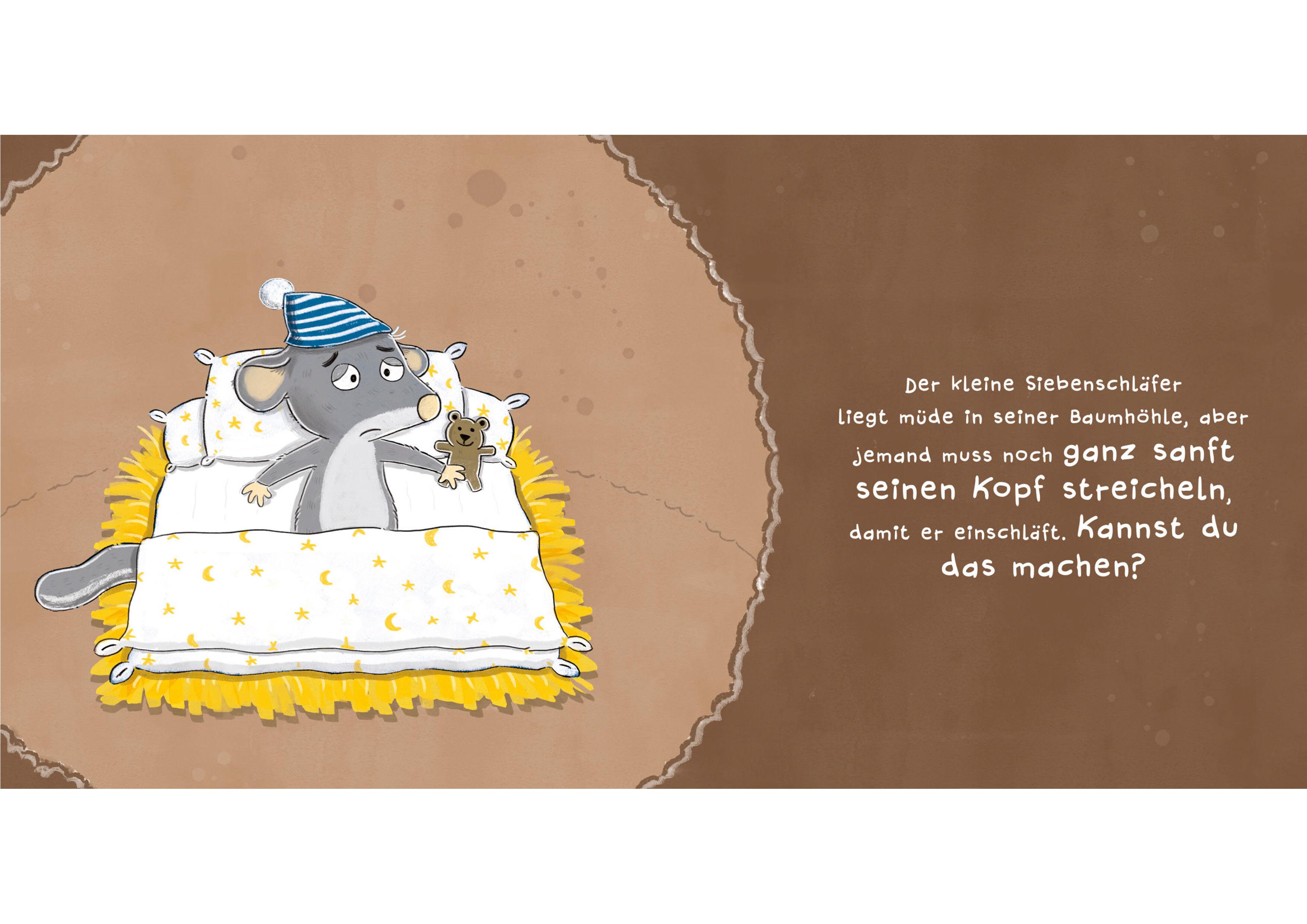 Beispielinhalt (Bild) Streichel den Siebenschläfer - Ein Gute-Nacht-Mitmachbuch. Für Kinder ab 2 Jahren