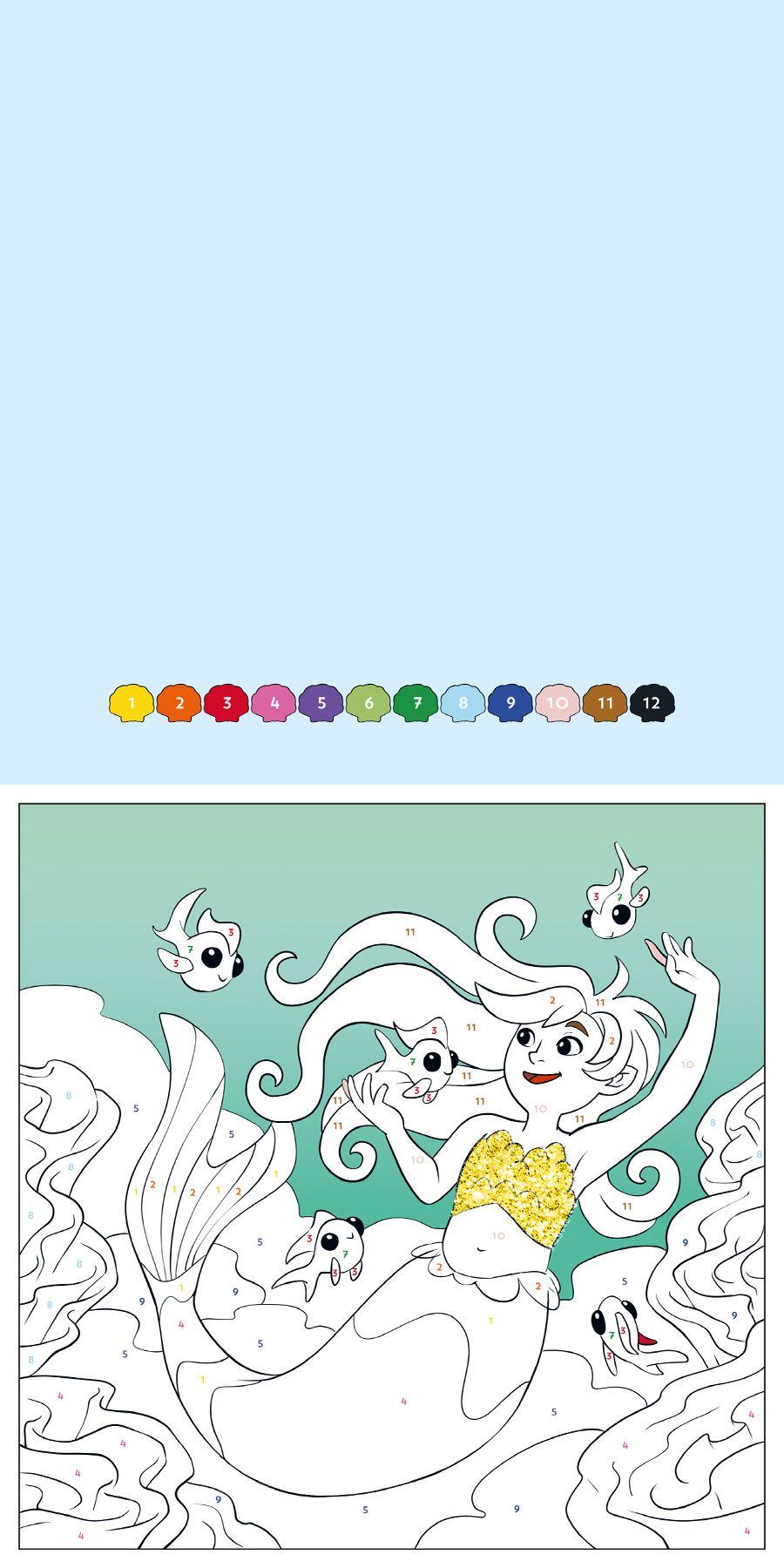 Beispielinhalt (Bild) Malen nach Zahlen Glitzer-Malbuch Meerjungfrauen