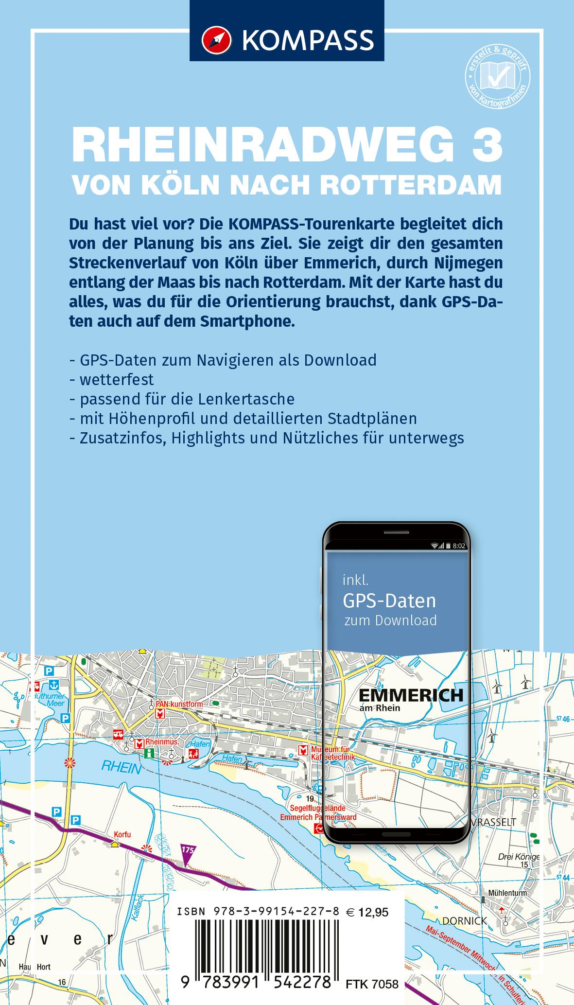Rückseitencover KOMPASS Fahrrad-Tourenkarte Rheinradweg 3, von Köln nach Rotterdam 1:50.000