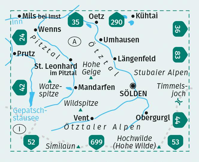 Beispielinhalt (Bild) KOMPASS Wanderkarte 43 Ötztaler Alpen, Ötztal, Pitztal 1:50.000
