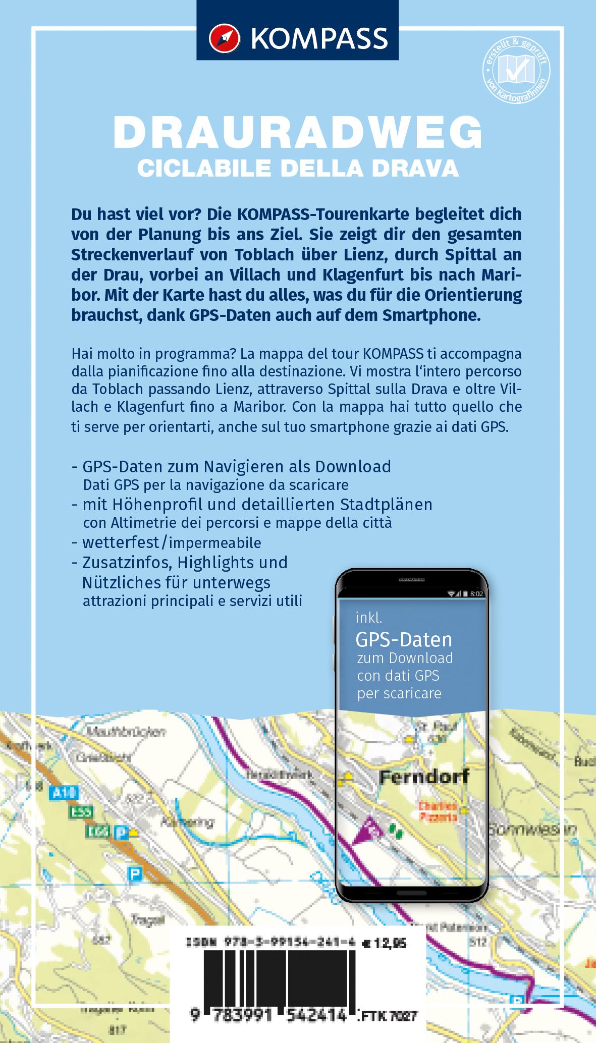 Rückseitencover KOMPASS Fahrrad-Tourenkarte Drauradweg - Ciclabile della Drava 1:50.000