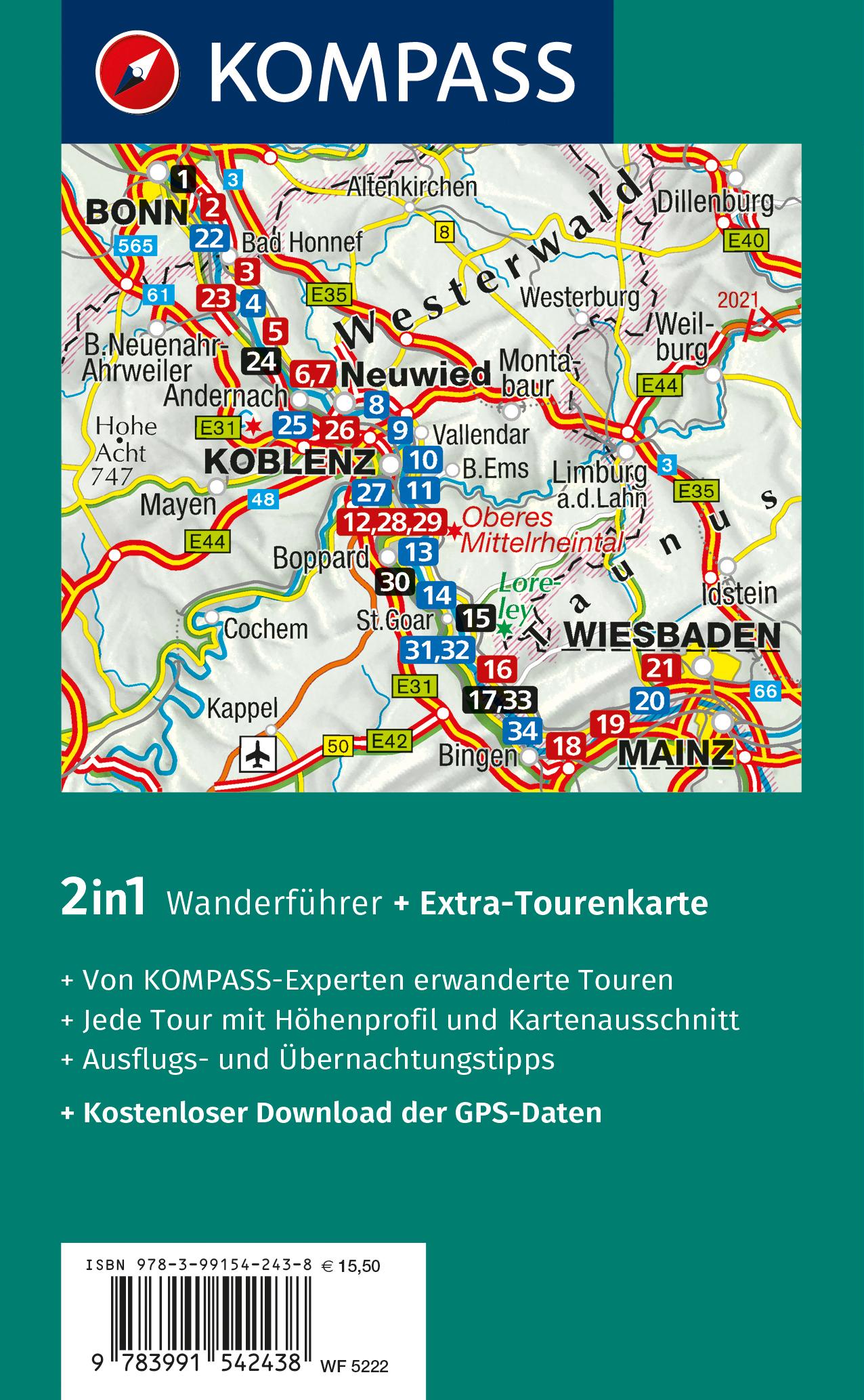 Rückseitencover KOMPASS Wanderführer Rheinsteig RheinBurgenWeg, 34 Etappen mit Extra-Tourenkarte