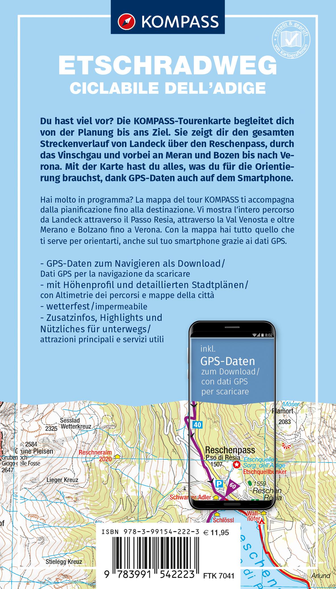 Rückseitencover KOMPASS Fahrrad-Tourenkarte Etschradweg - Ciclabile dell'Adige 1:50.000