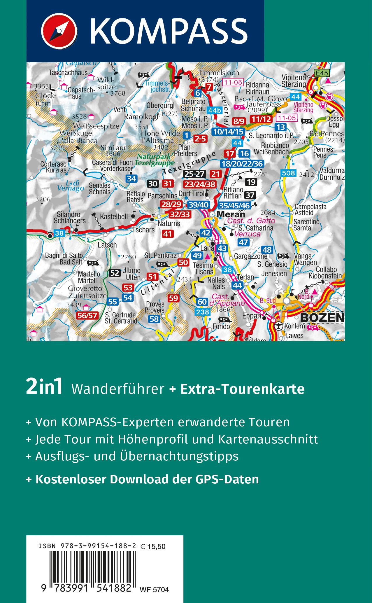 Rückseitencover KOMPASS Wanderführer Meran und Umgebung, Passeiertal, Texelgruppe, Ultental, 60 Touren mit Extra-Tourenkarte