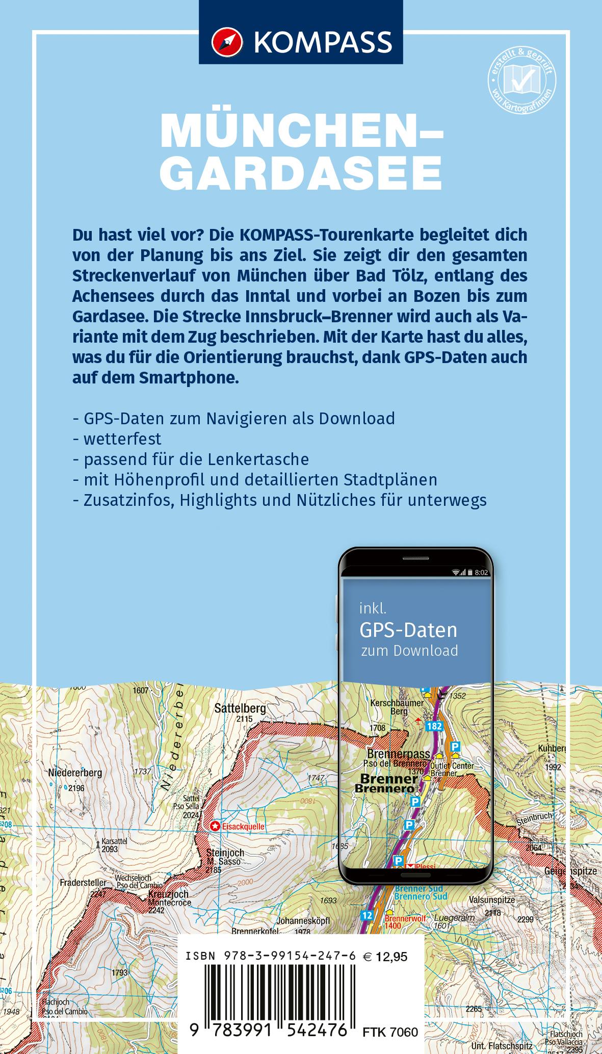 Rückseitencover KOMPASS Fahrrad-Tourenkarte München - Gardasee, Radweg via Brenner 1:50.000