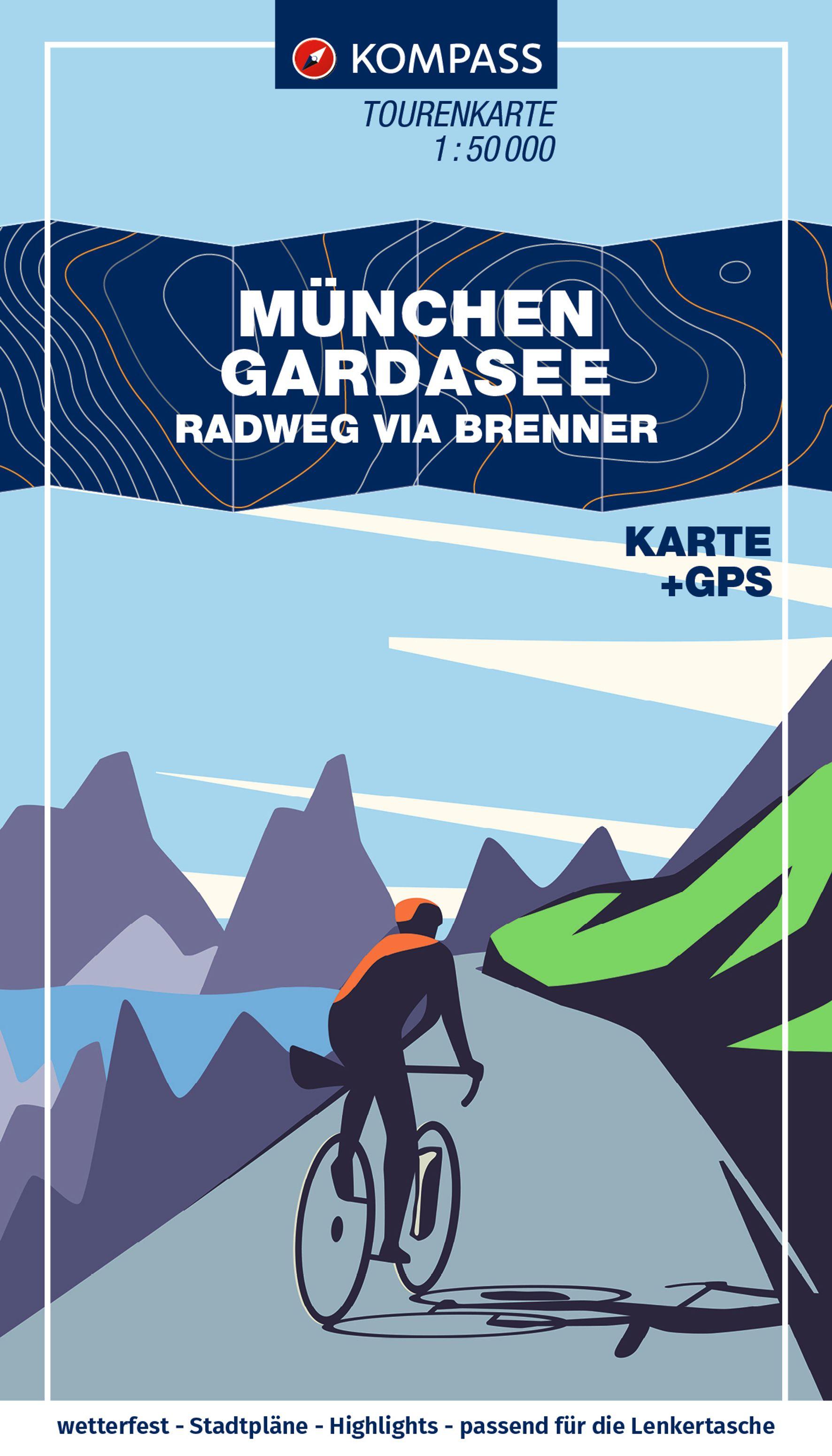 Vorderes Coverbild KOMPASS Fahrrad-Tourenkarte München - Gardasee, Radweg via Brenner 1:50.000