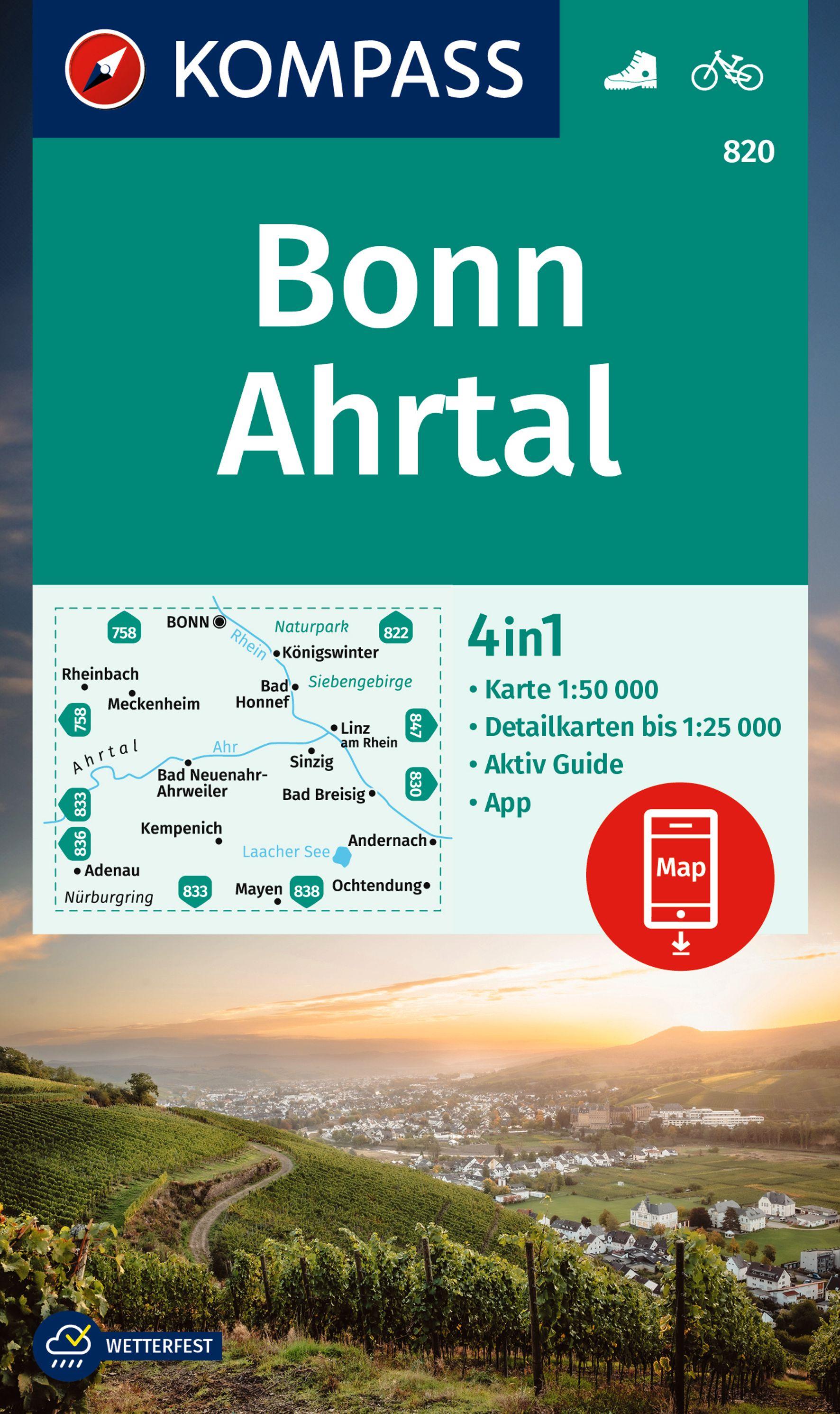 Vorderes Coverbild KOMPASS Wanderkarte 820 Bonn, Ahrtal 1:50.000
