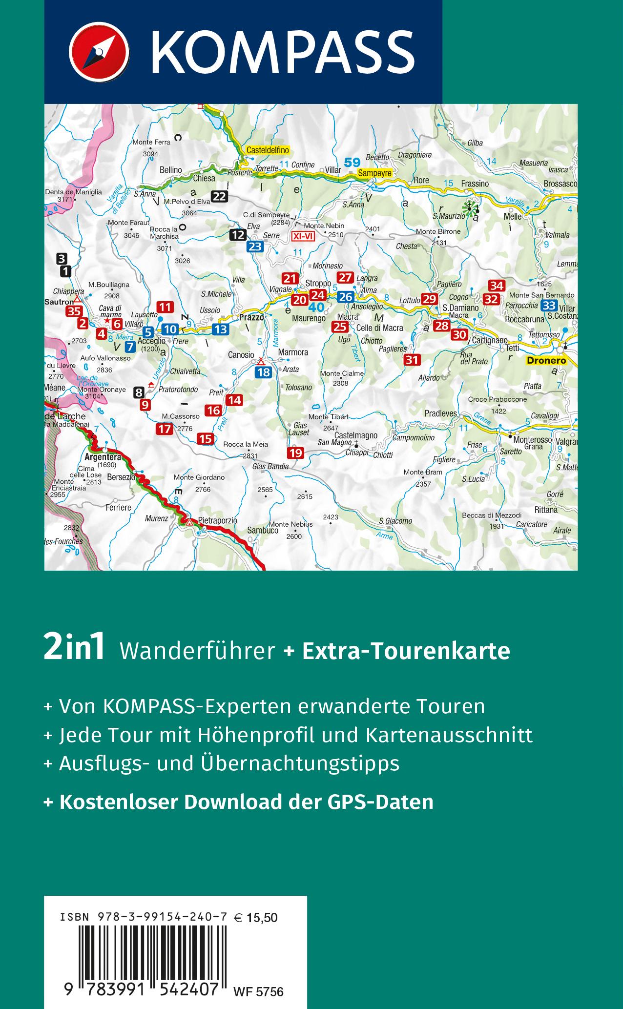 Rückseitencover KOMPASS Wanderführer Piemont, Valle Maira, 35 Touren mit Extra-Tourenkarte