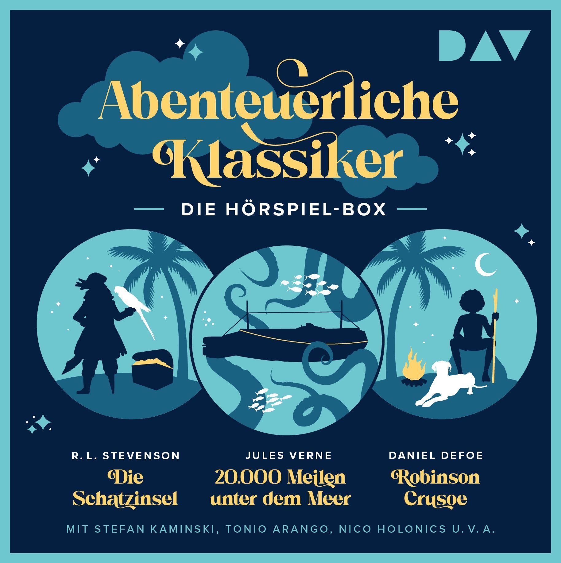 Vorderes Coverbild Abenteuerliche Klassiker - Die Hörspiel-Box. Die Schatzinsel, 20.000 Meilen unter dem Meer, Robinson Crusoe