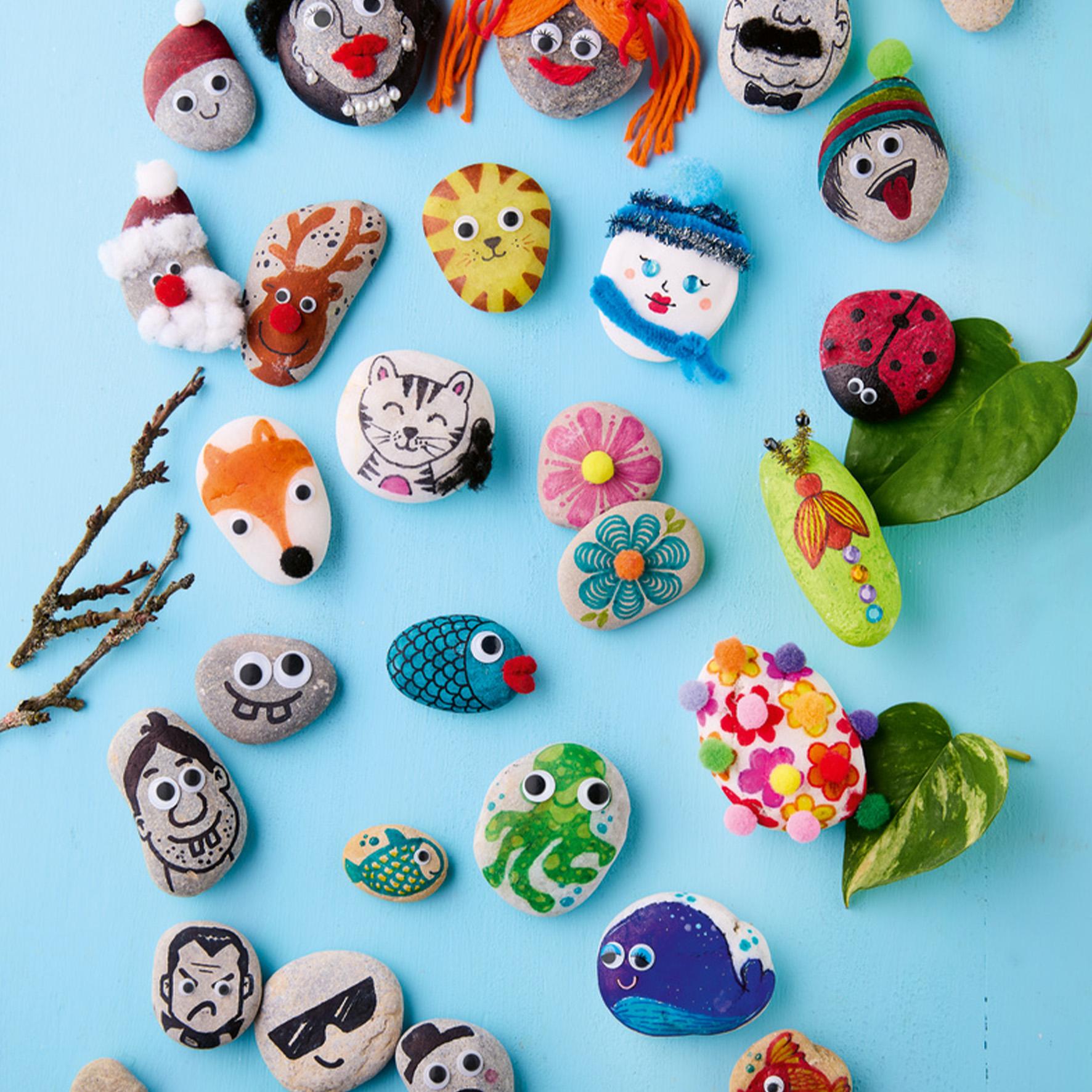 Beispielinhalt (Bild) Kreativ-Set: Steine bemalen Kids mit Wackelaugen, Pompons, Anleitungsbuch & Material