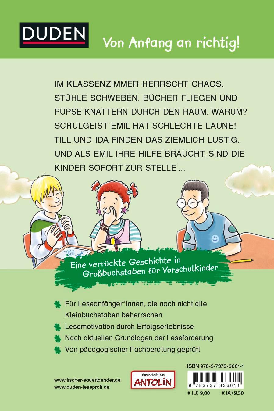 Rückseitencover Duden Leseprofi - GROSSBUCHSTABEN: DAS GESPENST IM KLASSENZIMMER, Erstes Lesen