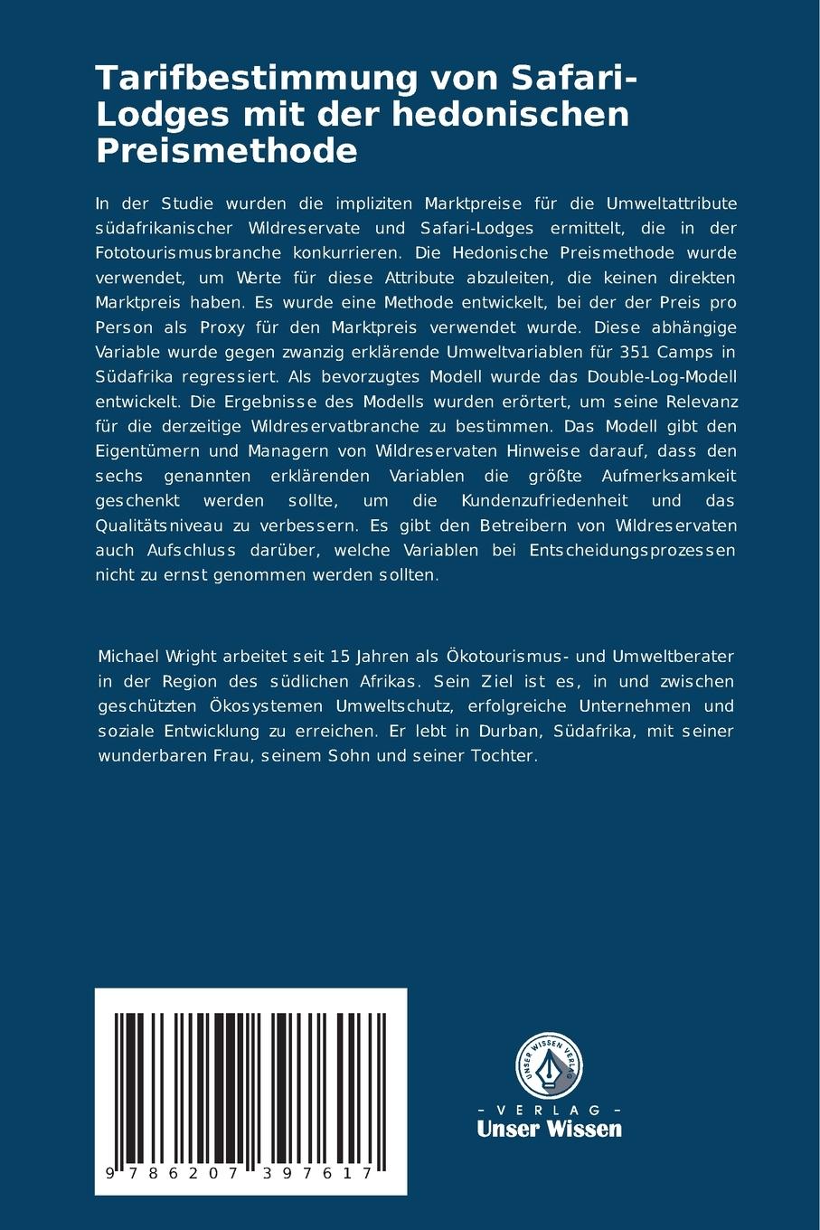 Rückseitencover Tarifbestimmung von Safari-Lodges mit der hedonischen Preismethode