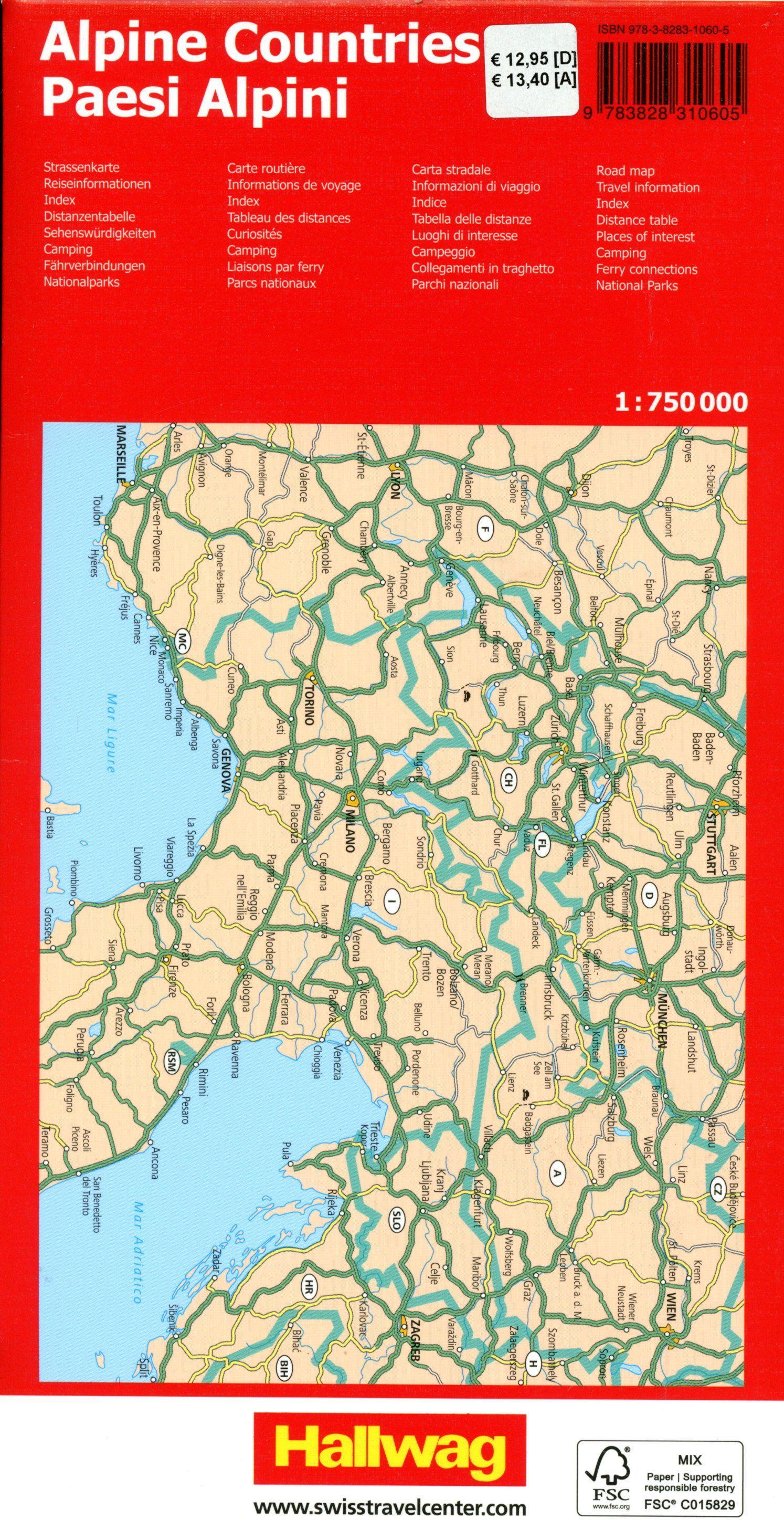 Beispielinhalt (Bild) Hallwag Strassenkarte Alpenländer 1:750.000