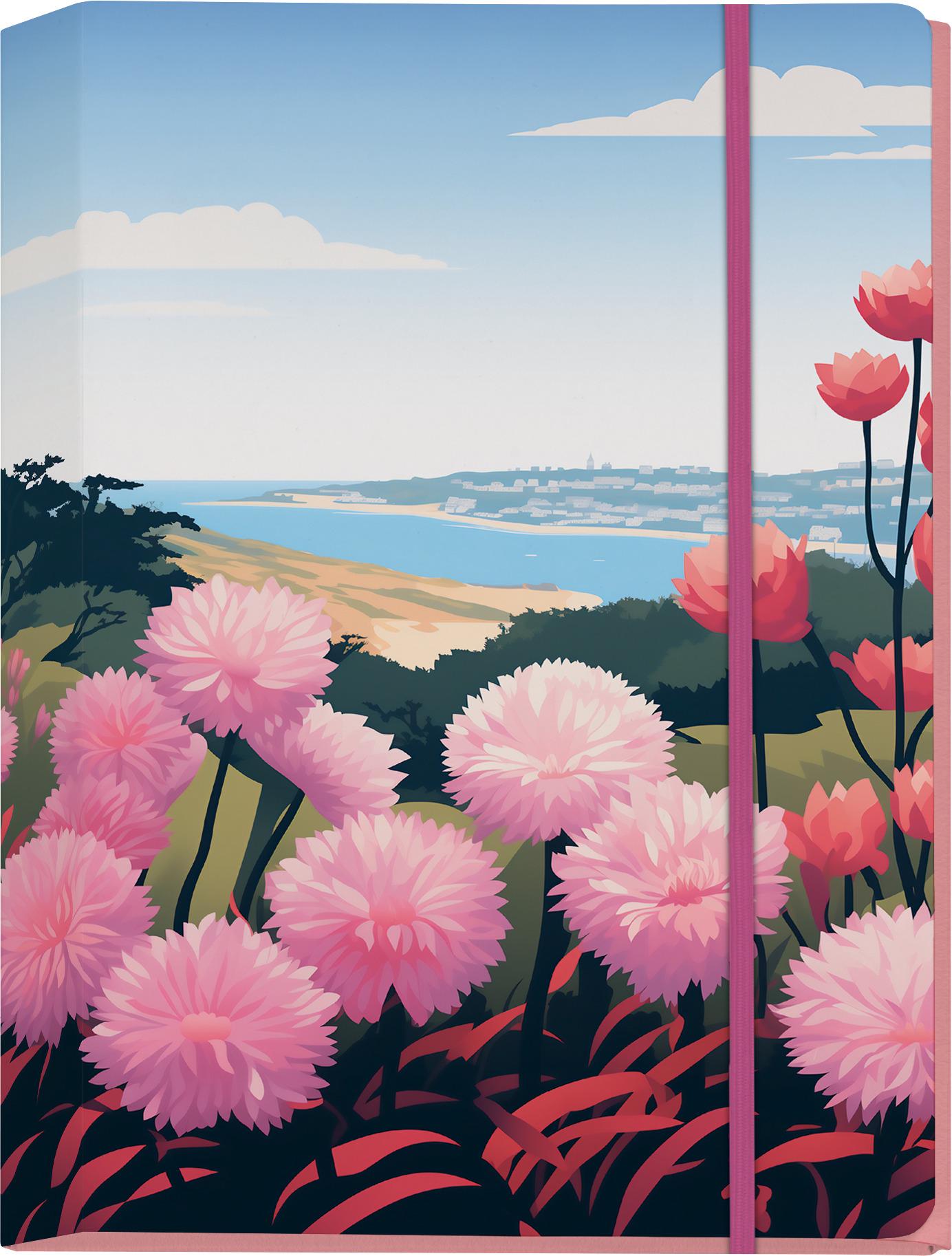 Vorderes Coverbild Gärten von Cornwall Große Sammelmappe - Motiv Meerblick mit rosa Dahlien