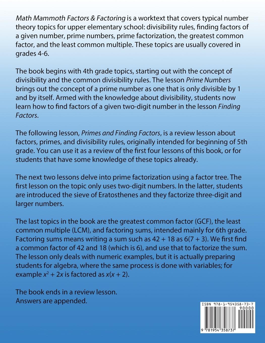 Rückseitencover Math Mammoth Factors & Factoring