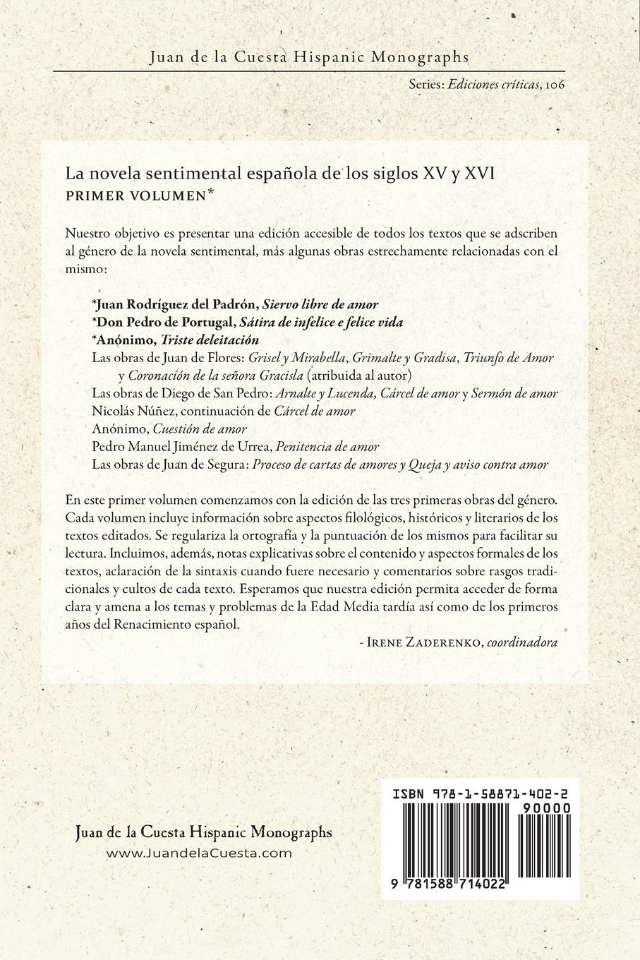 Rückseitencover La novela sentimental  española de los  siglos XV y XVI (V. 1, PB)
